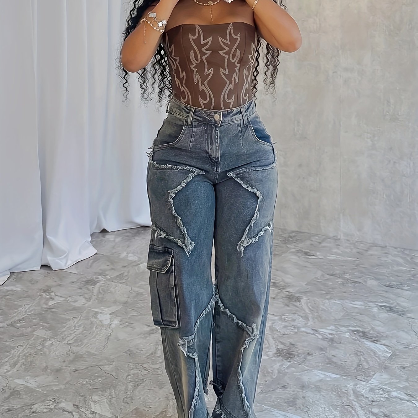 Women's High Waist Loose Jeans, Stretch Washed Star Embroidery Raw Edge Straight Jeans