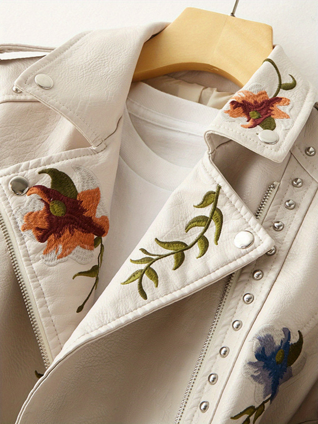 Women Floral Embroidered Moto PU Jacket Coat