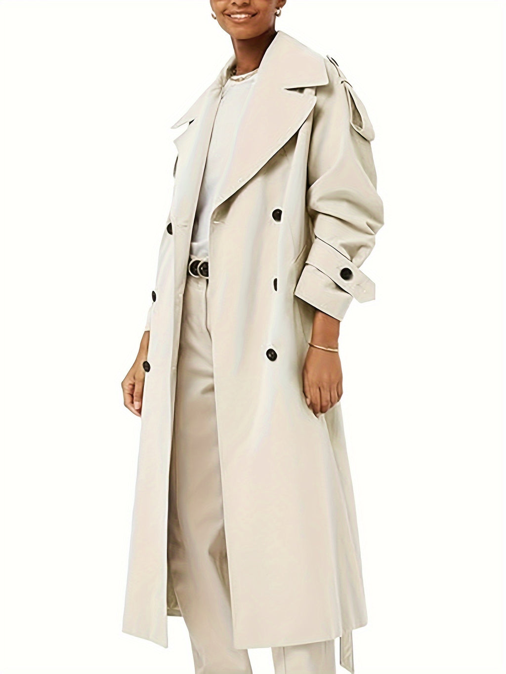 Women's Oversized Beige Trench Coat - Double Breasted, Windproof, Casual Style with Belt, Machine Washable, Polyester, Versatile Fashion | Doublebreasted Coat | Durable Polyester