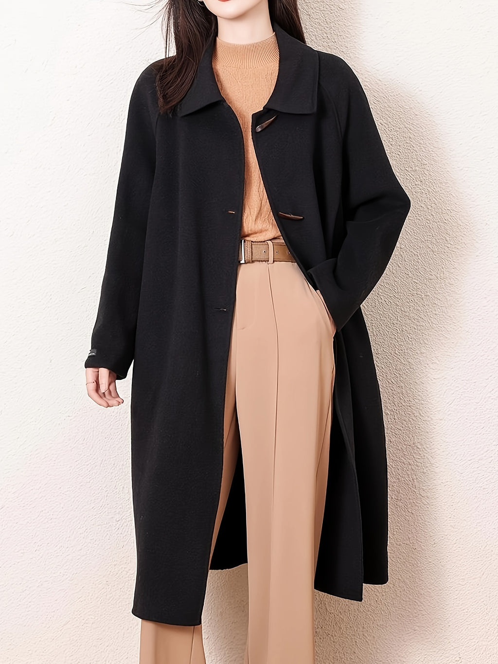 Women's Tweed Coat - Dual-Sided Mid-Length Wool-Textured Jacket with Notch Lapel Collar & Belted Waist, Solid Black Casual Chic Outerwear for Fall Winter, Semiformal Attire, Structured Design