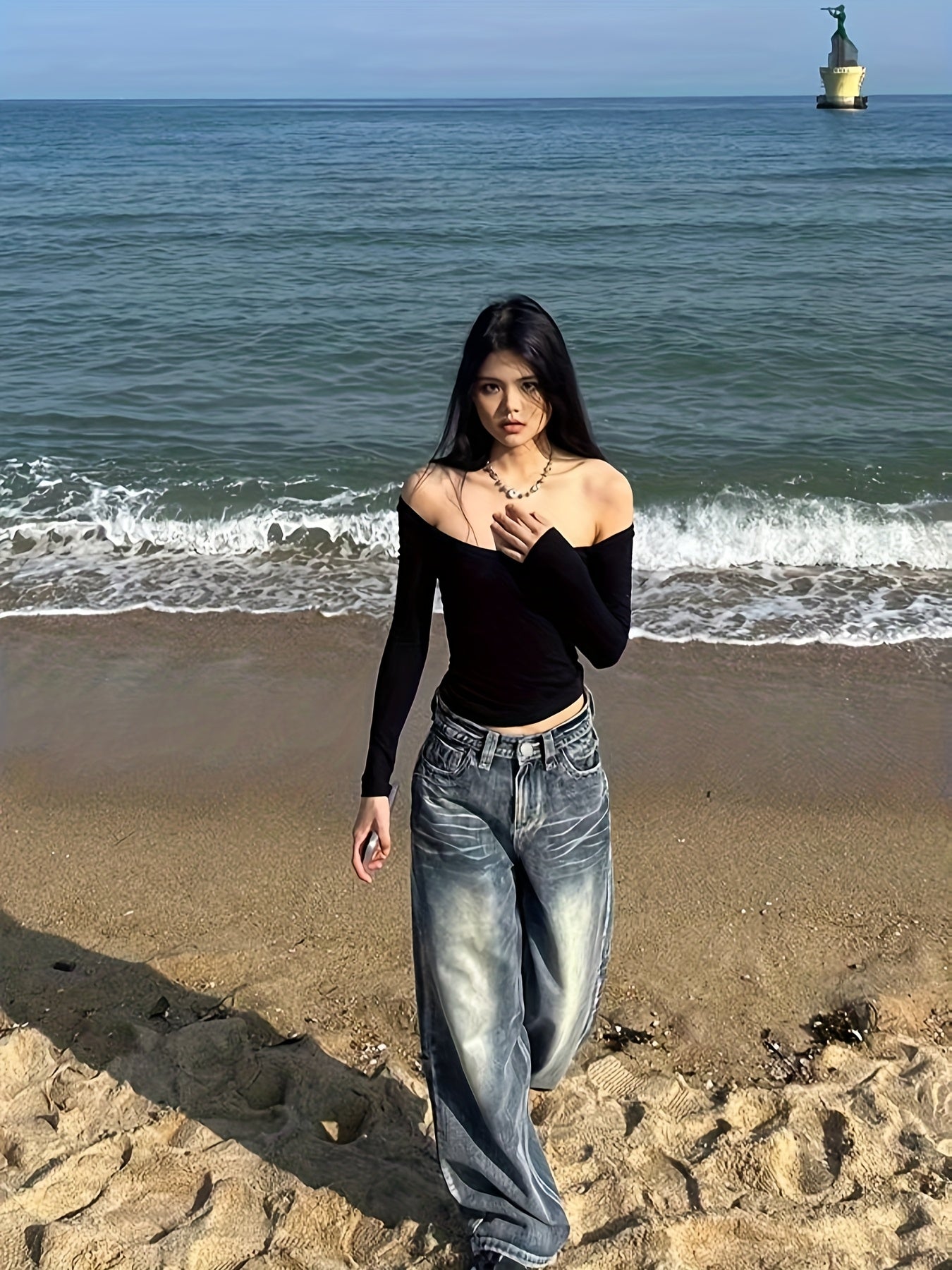 Vintage-Inspired High-Waist Wide-Leg Jeans For Women - Distressed, Loose Fit Denim With Pockets, Machine Washable