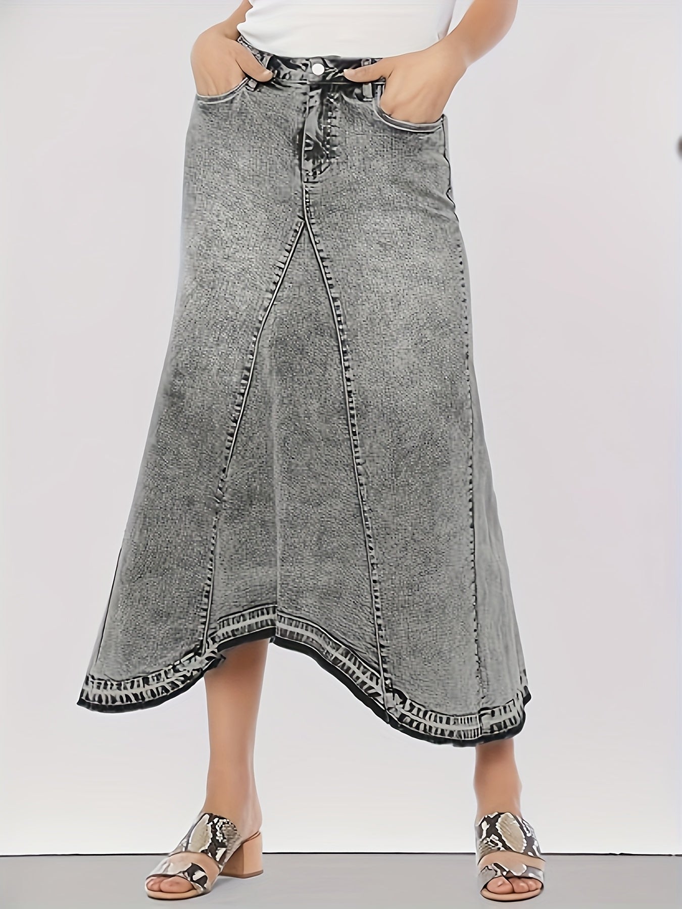 Women's High Waist A-Line Denim Maxi Skirt with Frayed Irregular Hem - Stylish Black Long Jean Skirt, Casual Blend, Machine Washable, Perfect for Spring\u002FSummer\u002FFall, Casual Wear Skirt | Simple Style Skirt | Classic Button Closure