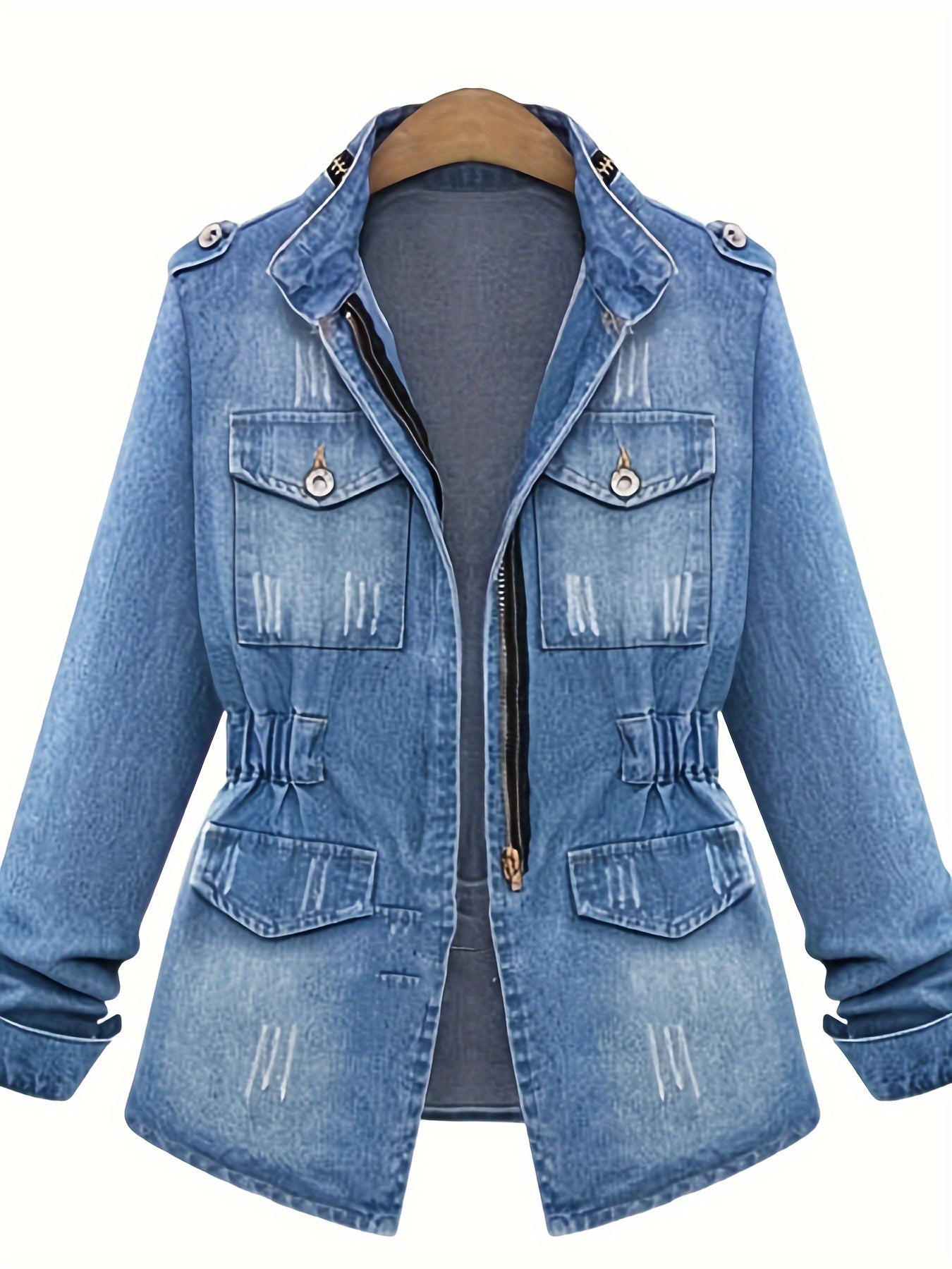 1pc Women'S Plus Size Casual Faux Denim Jacket - Solid Color Cotton Lapel Jean Tops with Pockets, Non-Stretch Woven Fabric, Ripped Zip-Up Long Sleeve Outerwear for Spring\u002FFall