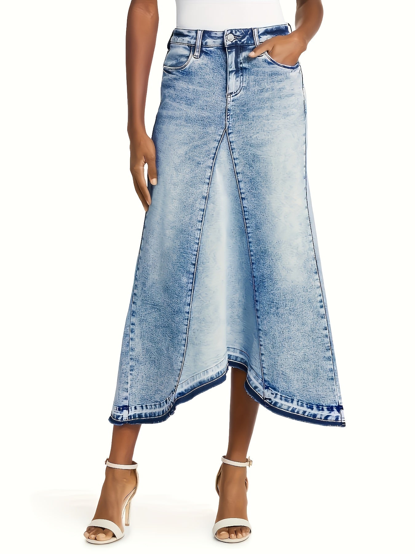 Women's High Waist A-Line Denim Maxi Skirt with Frayed Irregular Hem - Stylish Black Long Jean Skirt, Casual Blend, Machine Washable, Perfect for Spring\u002FSummer\u002FFall, Casual Wear Skirt | Simple Style Skirt | Classic Button Closure
