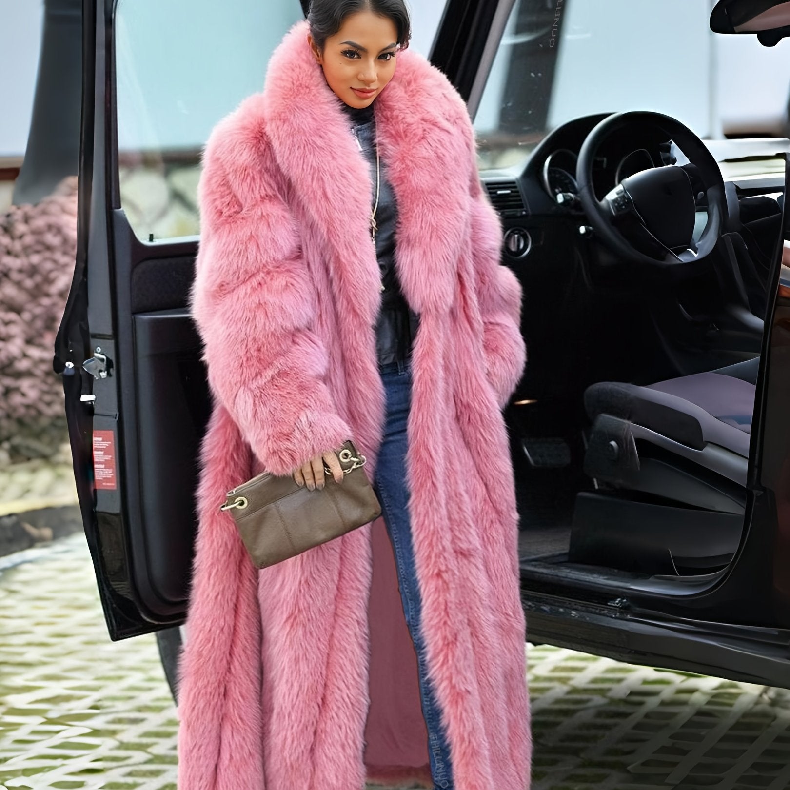Elegant Faux Fur Coat Elegant Stylish Women's Faux Fur Coat | Turn-Collar, Long Sleeves, Pockets - Comfortable Solid Color Fall\u002FWinter Outerwear for Casual Wear