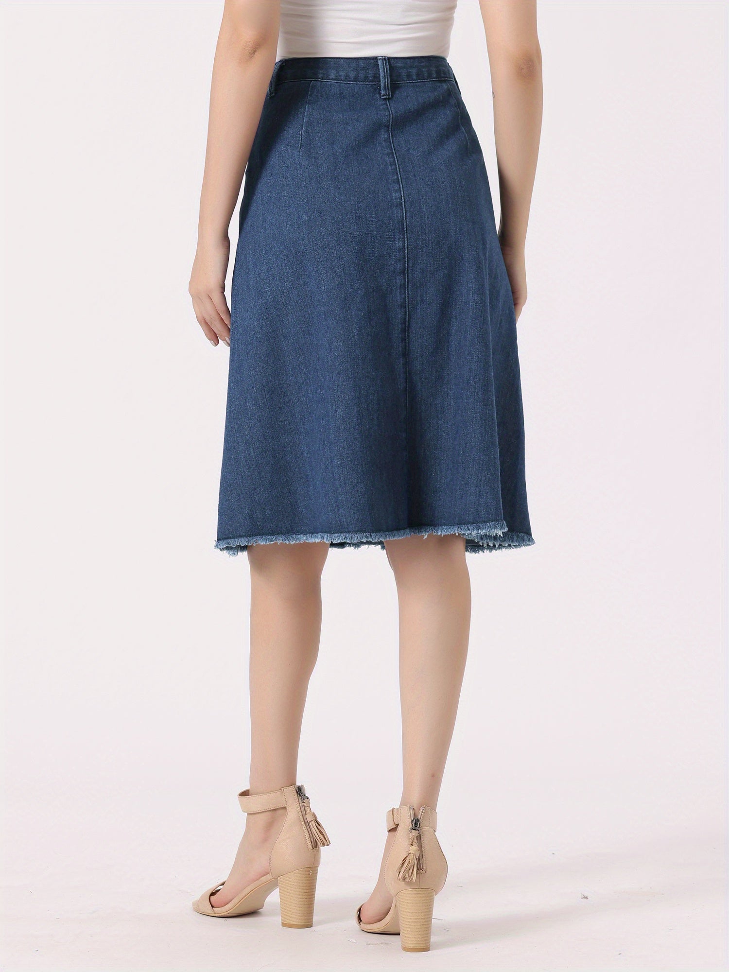 Women'S Denim Skirts Raw Hem Button Midi Jeans Skirt