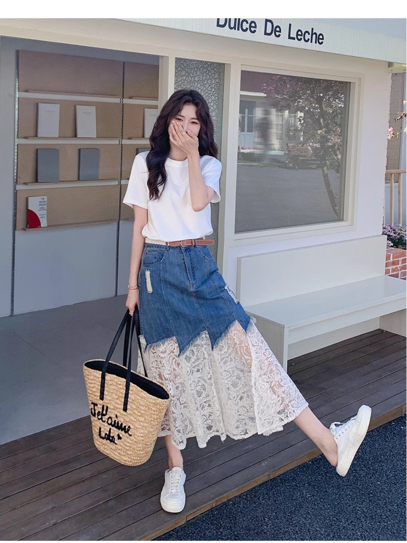 Women's French Romantic Waist-Cinching Skinny Jeanskirt - Non-See-Through Lace Hem, Everyday to Formal Outfits - Spring\u002FFall\u002FSummer Denim Skirt for Women, Spring Summer Outfit, Elegant Fabric Choice