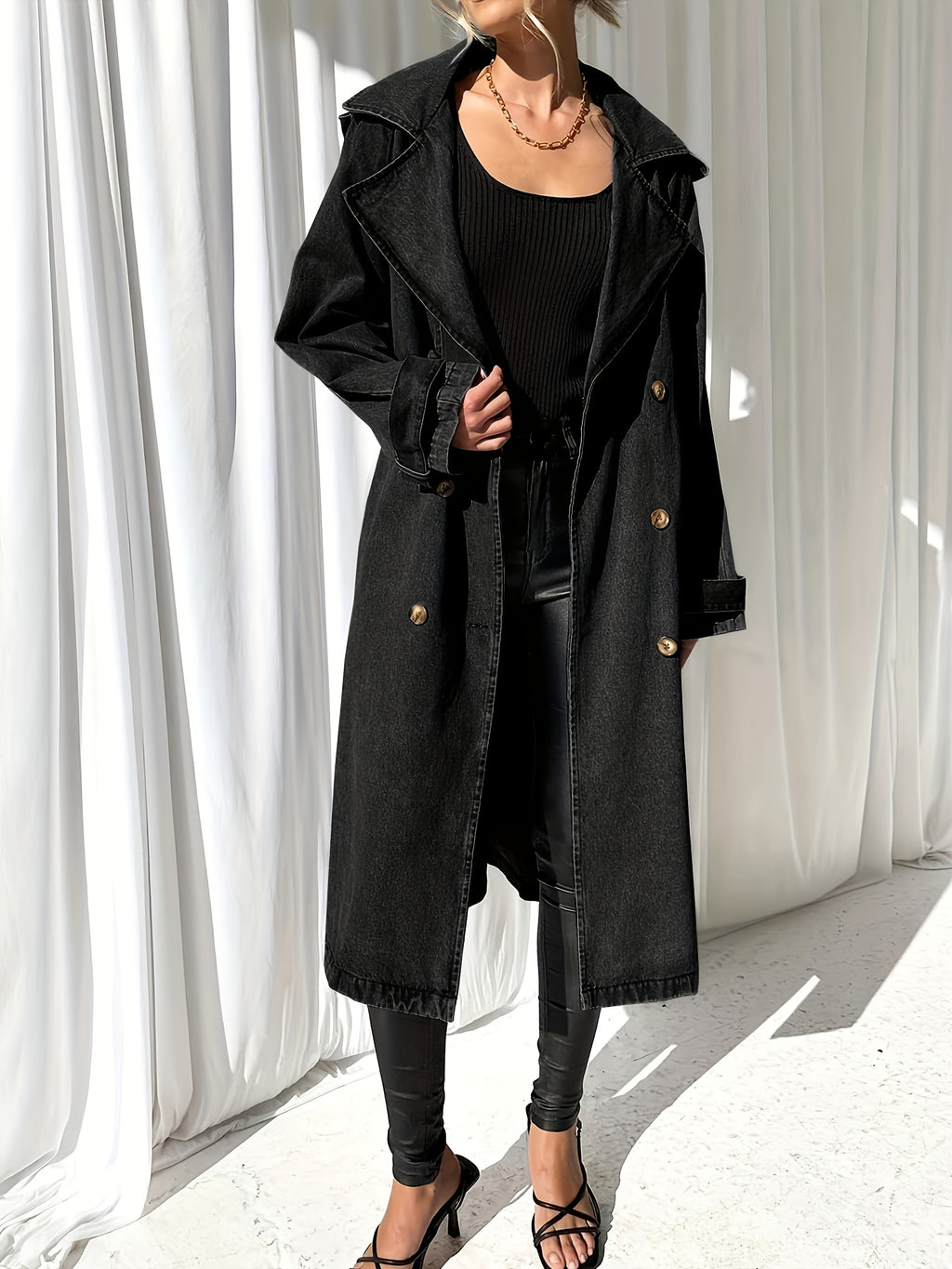 Women'S Long Double Breasted Denim Jacket Button Maxi Jean Coat Oversized Classic Lapel Outercoat