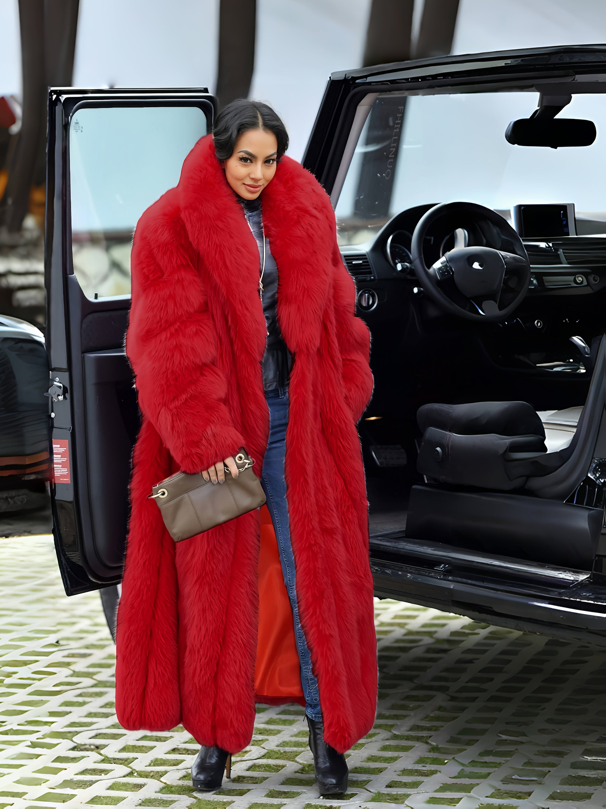 Elegant Faux Fur Coat Elegant Stylish Women's Faux Fur Coat | Turn-Collar, Long Sleeves, Pockets - Comfortable Solid Color Fall\u002FWinter Outerwear for Casual Wear