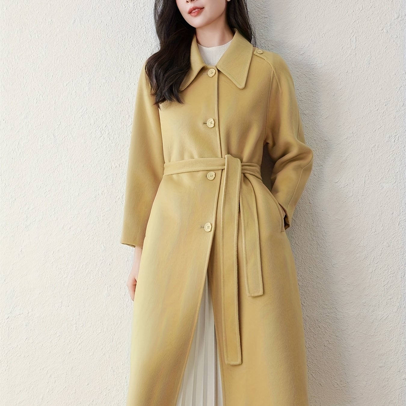 Elegant Wool Trench Coat 1pc Elegant Solid Color Wool Trench Coat - Long Sleeve, Button-Up with Belt, Non-Stretch Fabric, Loose Fit - Fall\u002FWinter Collection