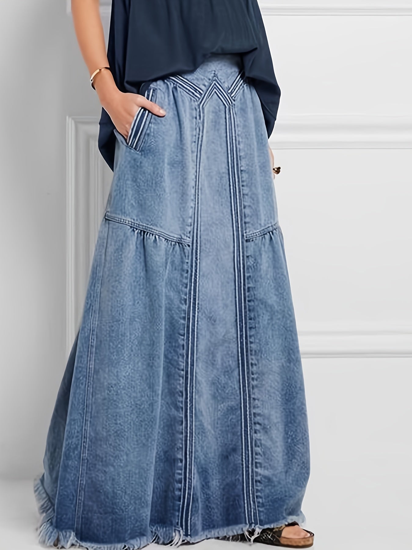 Women'S Vintage Denim Long Skirt High Waist Raw Hem A Line Jean Skirt for Summer, Spring