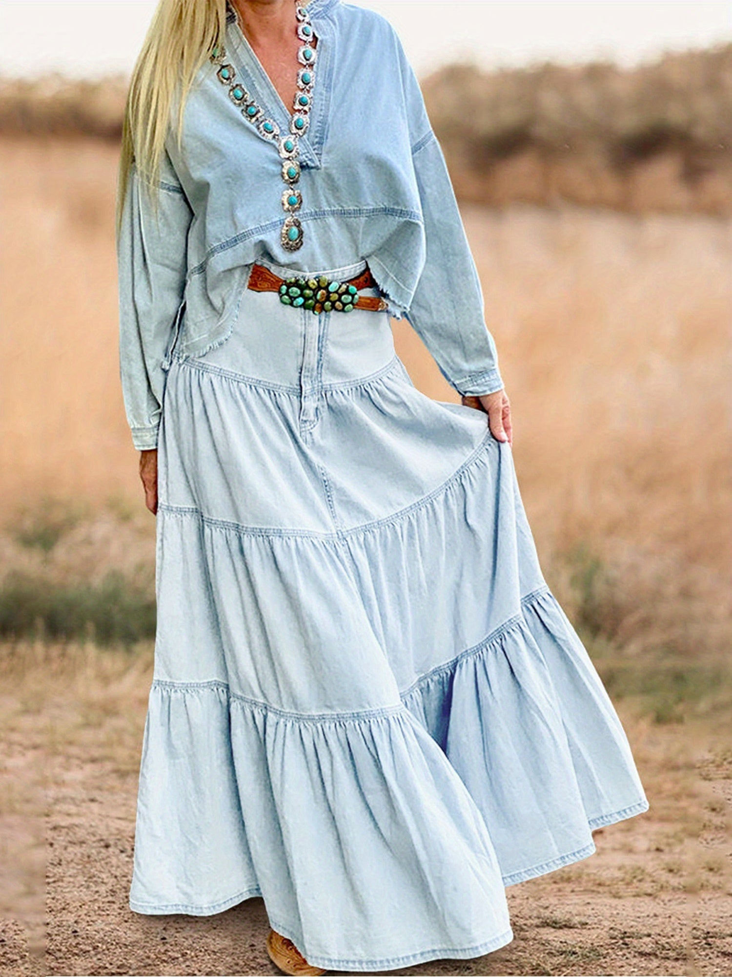 Women'S Denim Long Skirt Stylish Solid High Waist A-Line Jean Skirt for Summer Spring