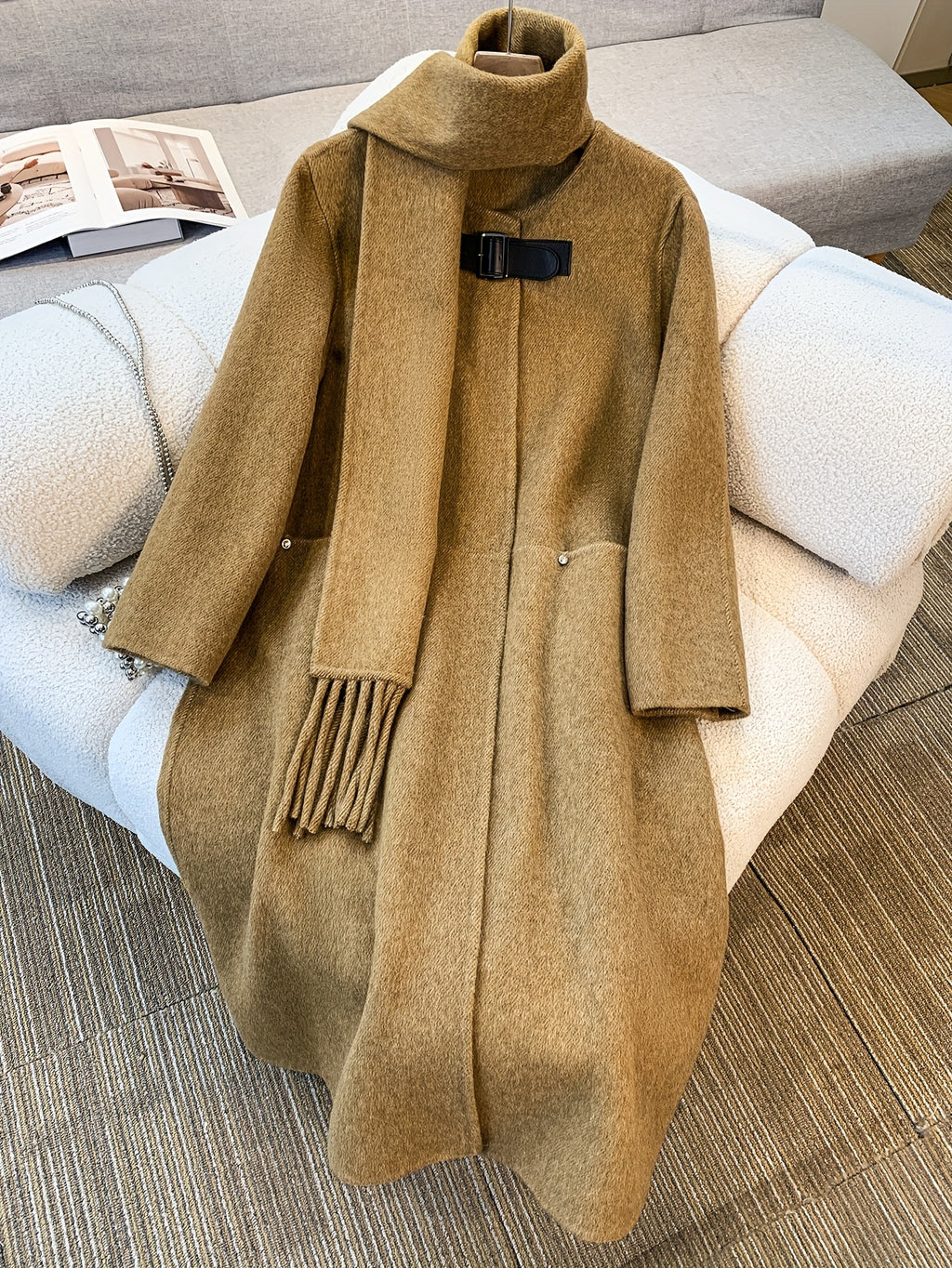 Women'S Elegant Brown Coat with Pockets - Long Sleeve, Button-Up, Stand Collar, Fluffy Cuffs, Perfect for Winter Fashion, Winter Fashion Coat|Sophisticated Style|Premium Construction