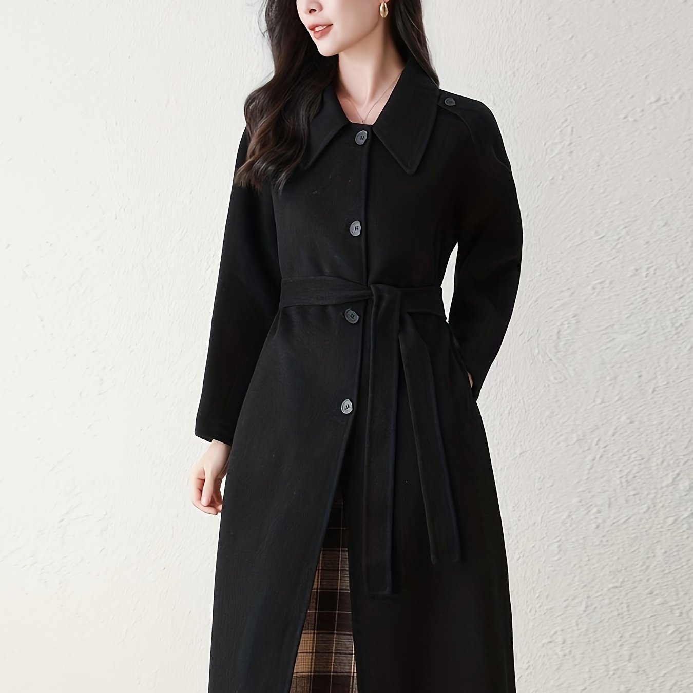 Elegant Wool Trench Coat 1pc Elegant Solid Color Wool Trench Coat - Long Sleeve, Button-Up with Belt, Non-Stretch Fabric, Loose Fit - Fall\u002FWinter Collection