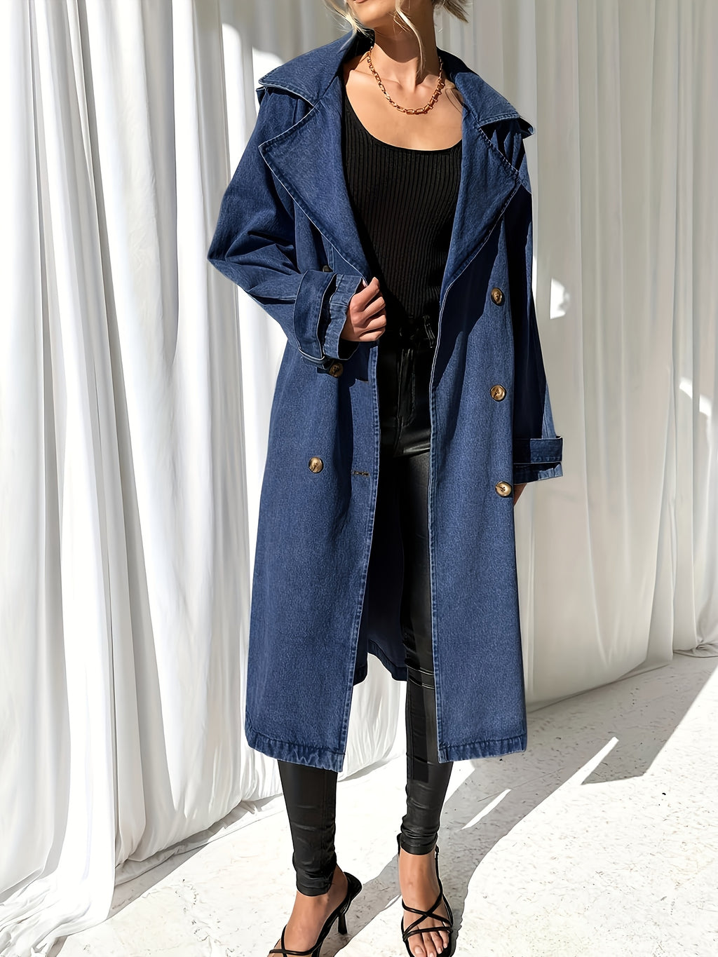 Women'S Long Double Breasted Denim Jacket Button Maxi Jean Coat Oversized Classic Lapel Outercoat
