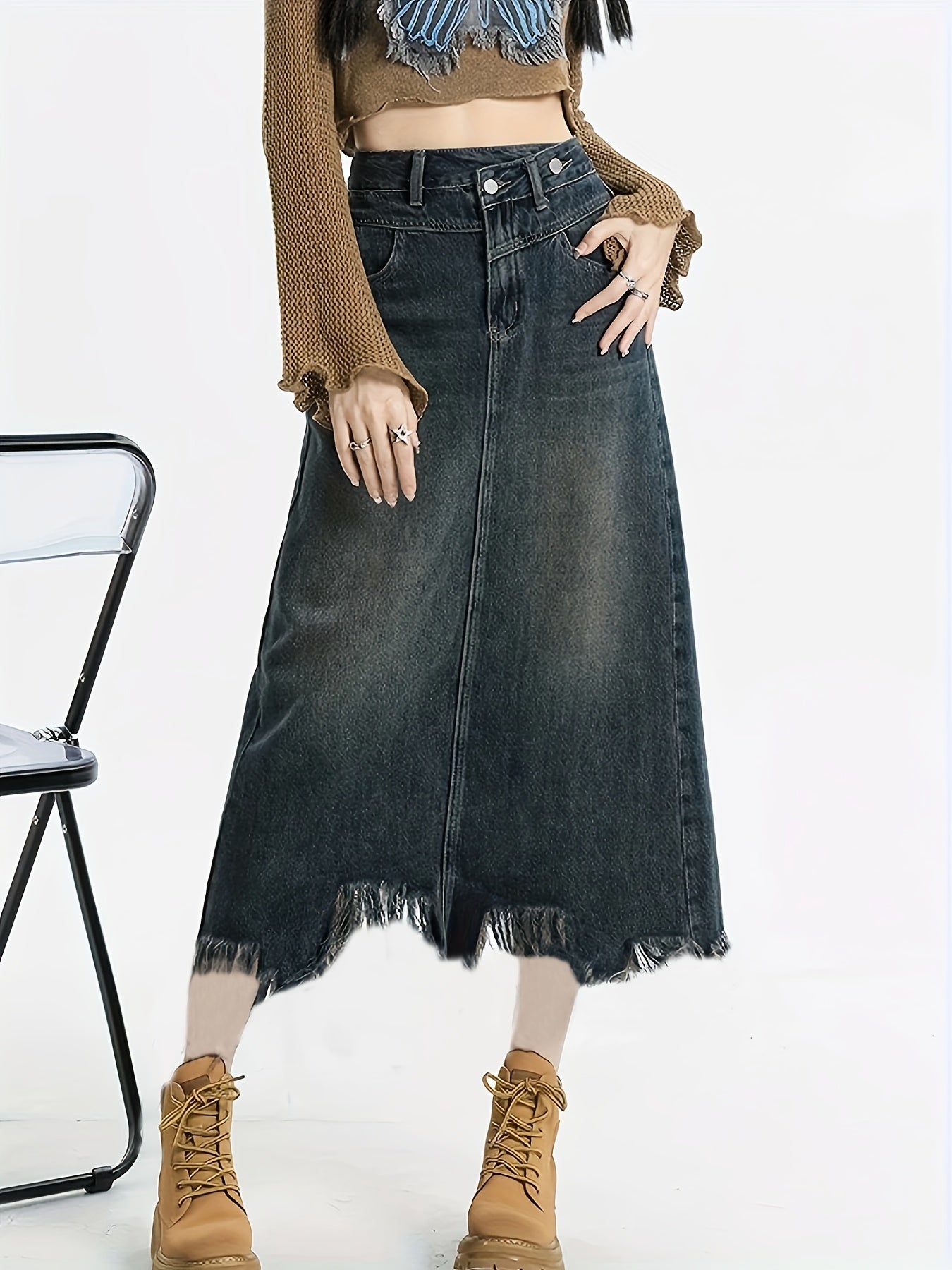 4001 Women'S Mid-Length Denim Skirt with Side Slit - Frayed Hem, Button Detail, Regular Fit, Non-Stretch Summer Skirt for Casual & Party Wear, Denim Skirt, Party Attire, Button Detail Skirt, Nonstretch Fabric