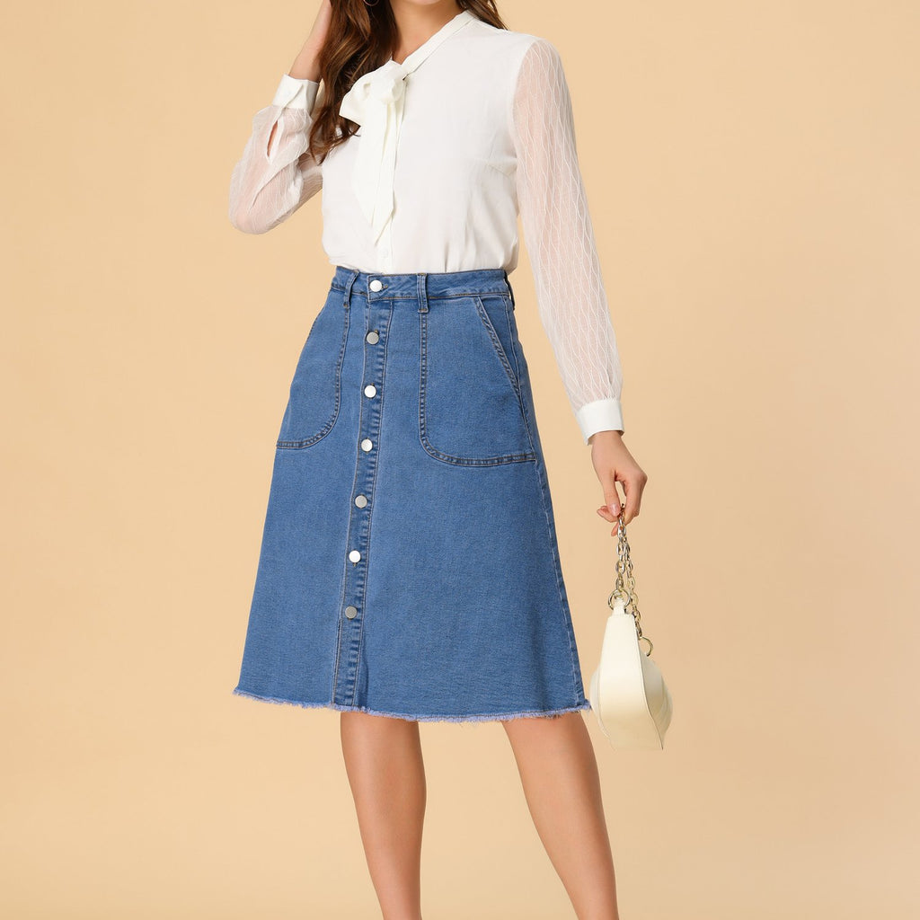Women'S Denim Skirts Raw Hem Button Midi Jeans Skirt