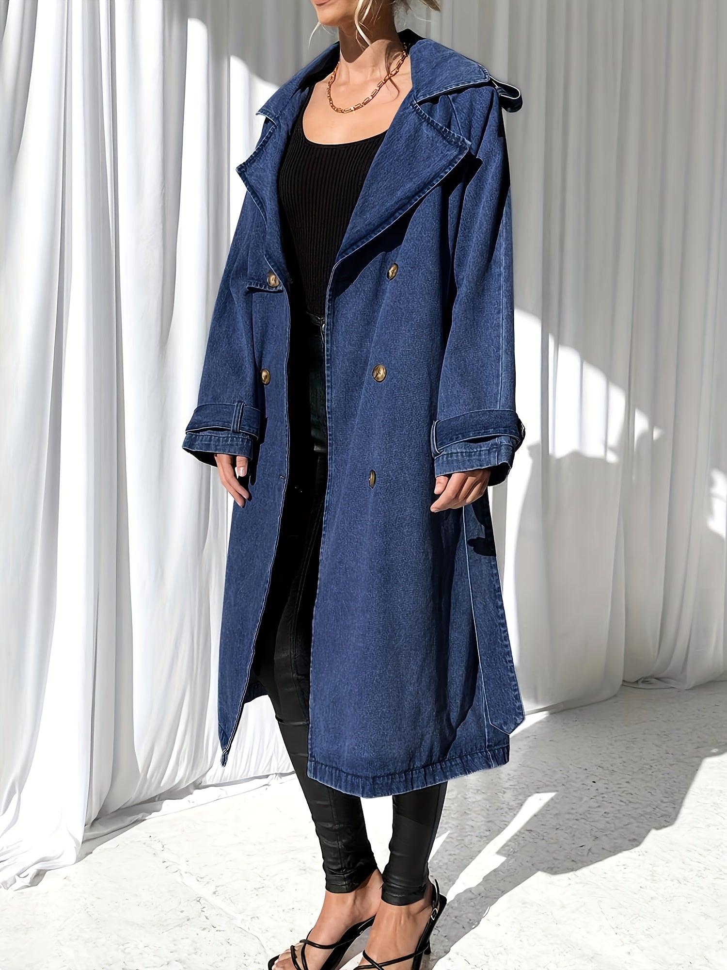 Women'S Long Double Breasted Denim Jacket Button Maxi Jean Coat Oversized Classic Lapel Outercoat