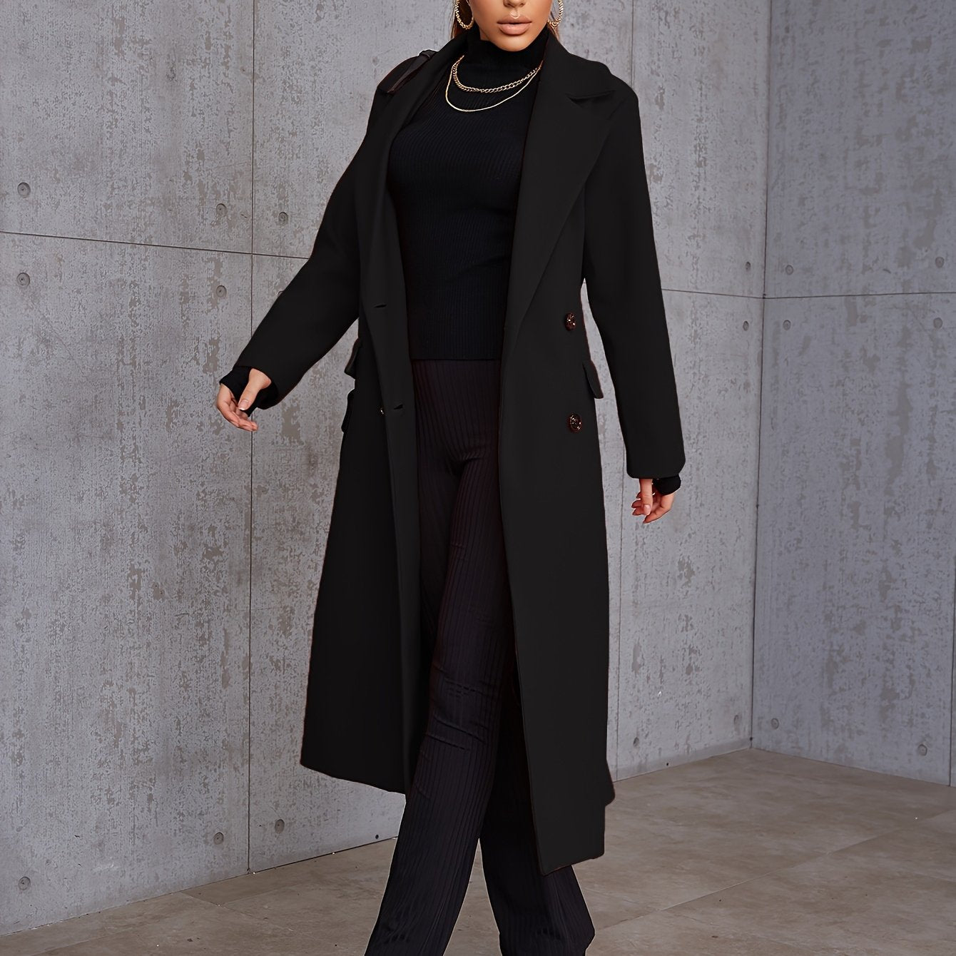 Women'S Double Breasted Over Knee Long Trench Coat Classic Lapel Slim Overcoat With Pockets