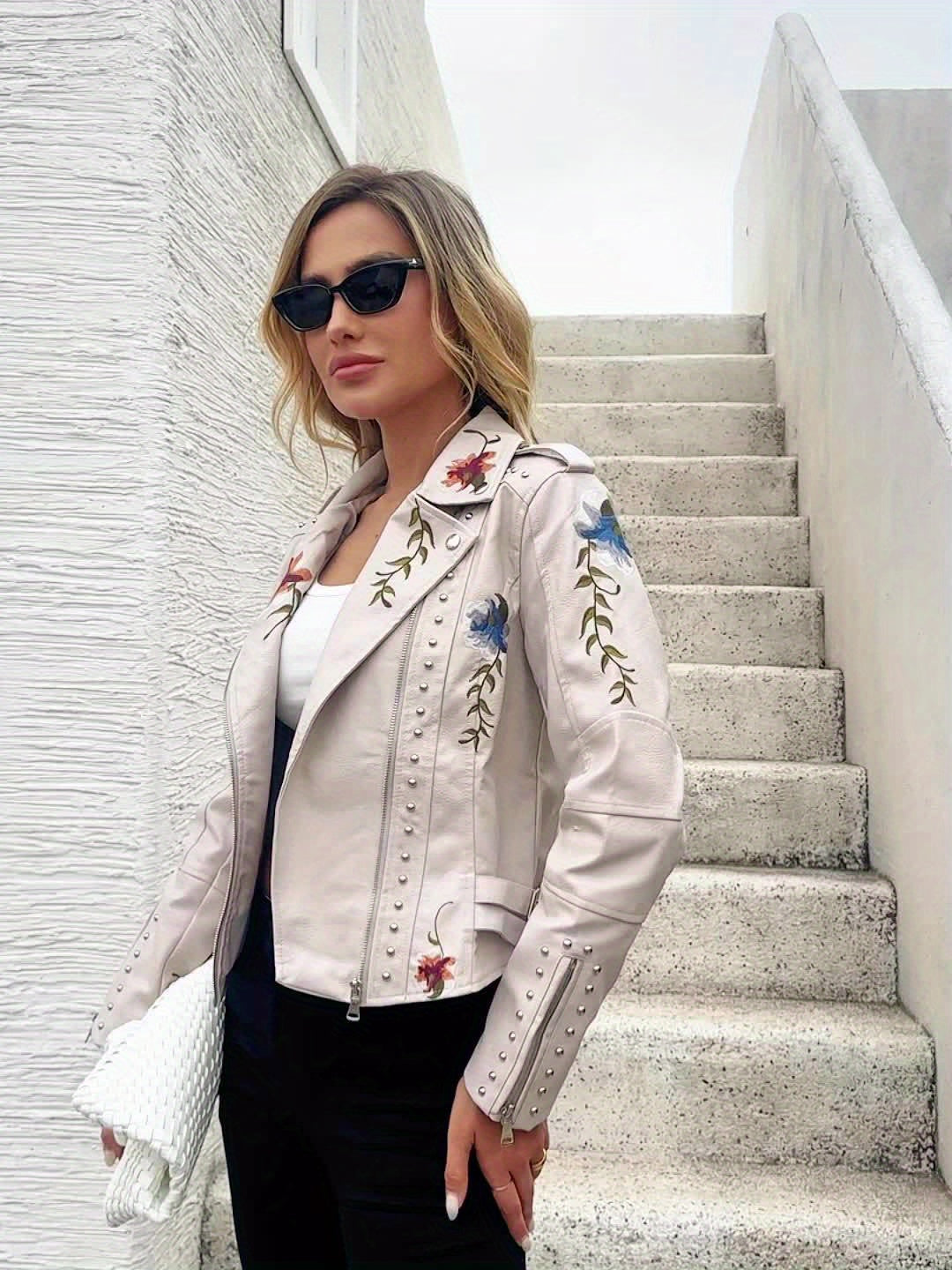 Women Floral Embroidered Moto PU Jacket Coat