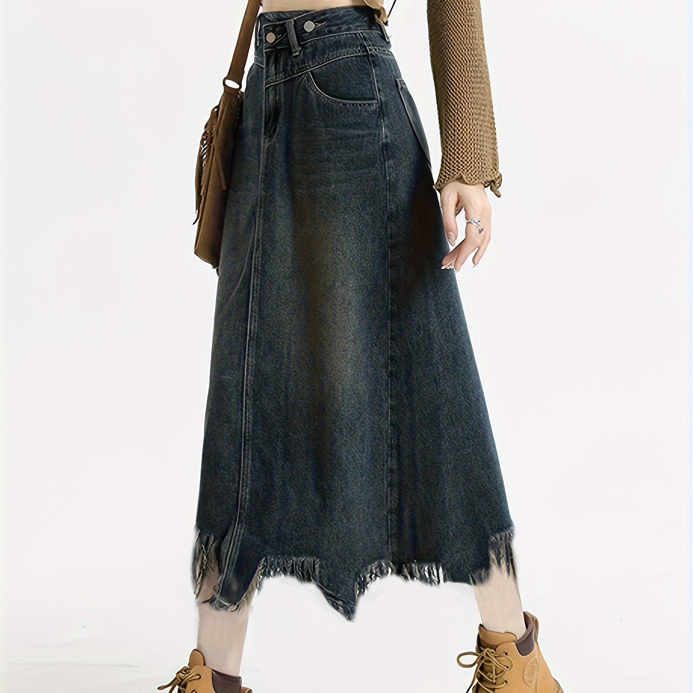 4001 Women'S Mid-Length Denim Skirt with Side Slit - Frayed Hem, Button Detail, Regular Fit, Non-Stretch Summer Skirt for Casual & Party Wear, Denim Skirt, Party Attire, Button Detail Skirt, Nonstretch Fabric