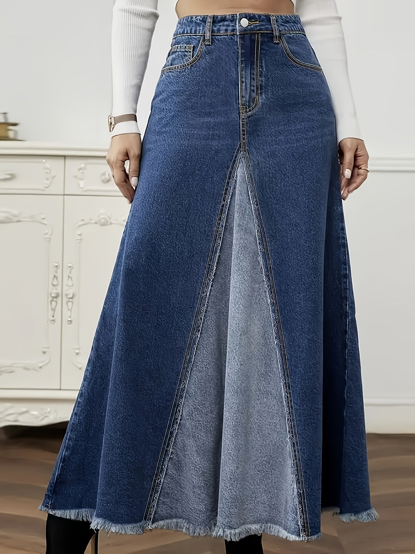 Boho Chic Overall Print LightWeight Denim Midi Skirt For Spring And Summer - Side Slit, A-Line With Pockets, Machine Washable Elegant Women'S Loose-Fitting Jean Skirt