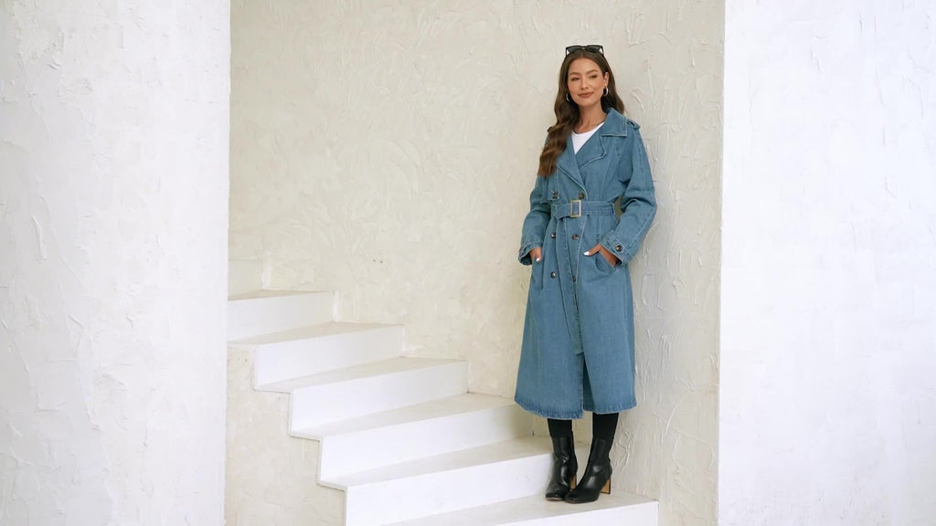 Women'S Long Double Breasted Denim Jacket Button Maxi Jean Coat Oversized Classic Lapel Outercoat