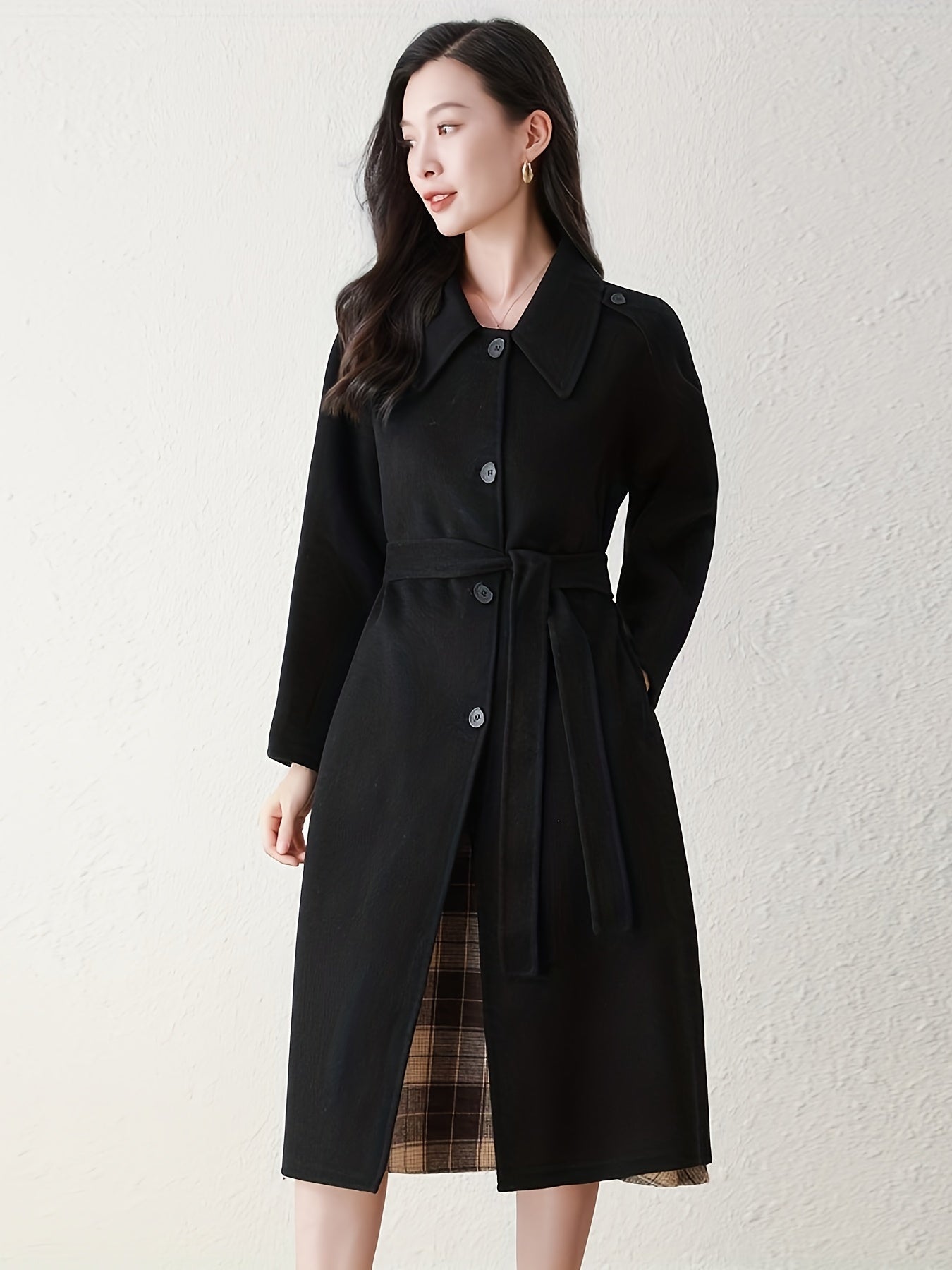 Elegant Wool Trench Coat 1pc Elegant Solid Color Wool Trench Coat - Long Sleeve, Button-Up with Belt, Non-Stretch Fabric, Loose Fit - Fall\u002FWinter Collection