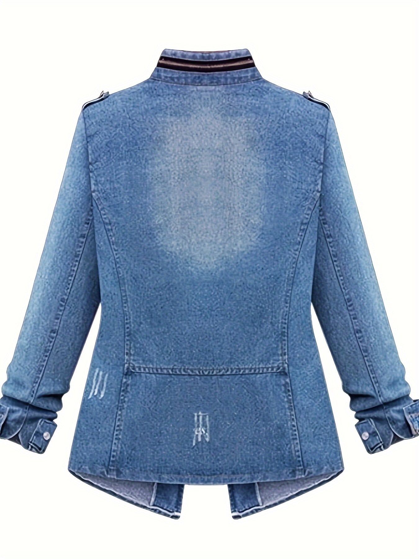 1pc Women'S Plus Size Casual Faux Denim Jacket - Solid Color Cotton Lapel Jean Tops with Pockets, Non-Stretch Woven Fabric, Ripped Zip-Up Long Sleeve Outerwear for Spring\u002FFall