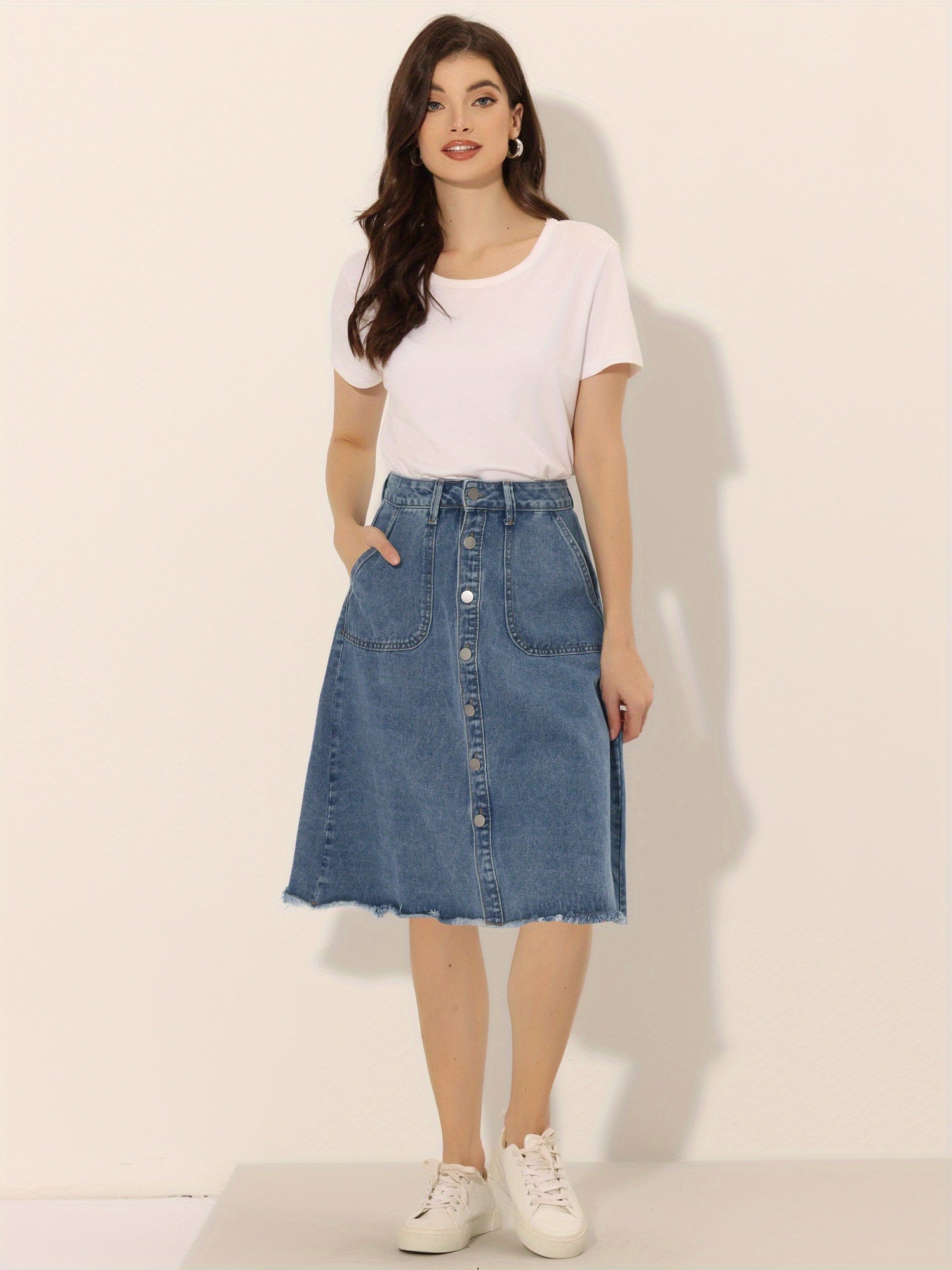 Women'S Denim Skirts Raw Hem Button Midi Jeans Skirt