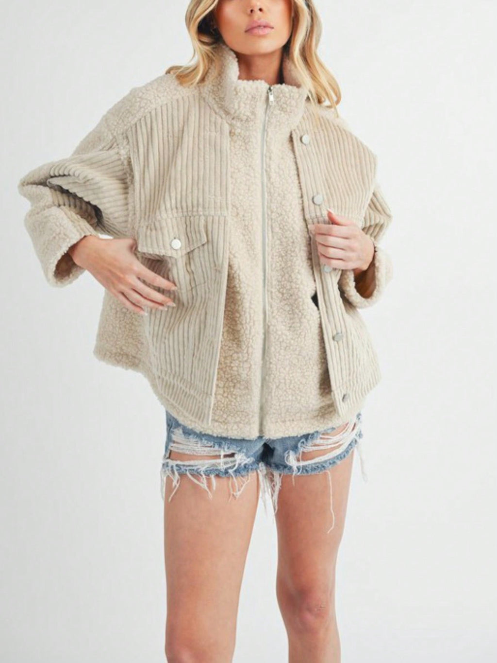 Womens Casual Teddy Bear Chic Cozy Sherpa Fleece Jacket High Neck Oversized Plush Fuzzy Outerwear Cream White Long Sleeve Zip Up Winter Fall Spring Outdoor Daily Wear Fluffy Textured Coat