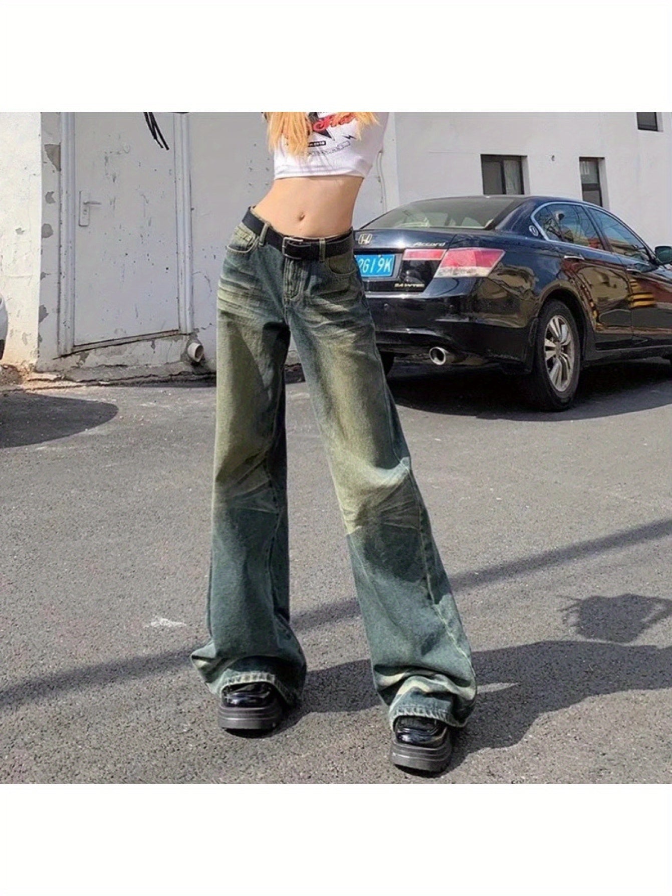 American Retro Hot Jeans Women, Spring and Autumn New High Street Low Waist Distressed Loose Wide-Leg Floor-Length Pants Trendy