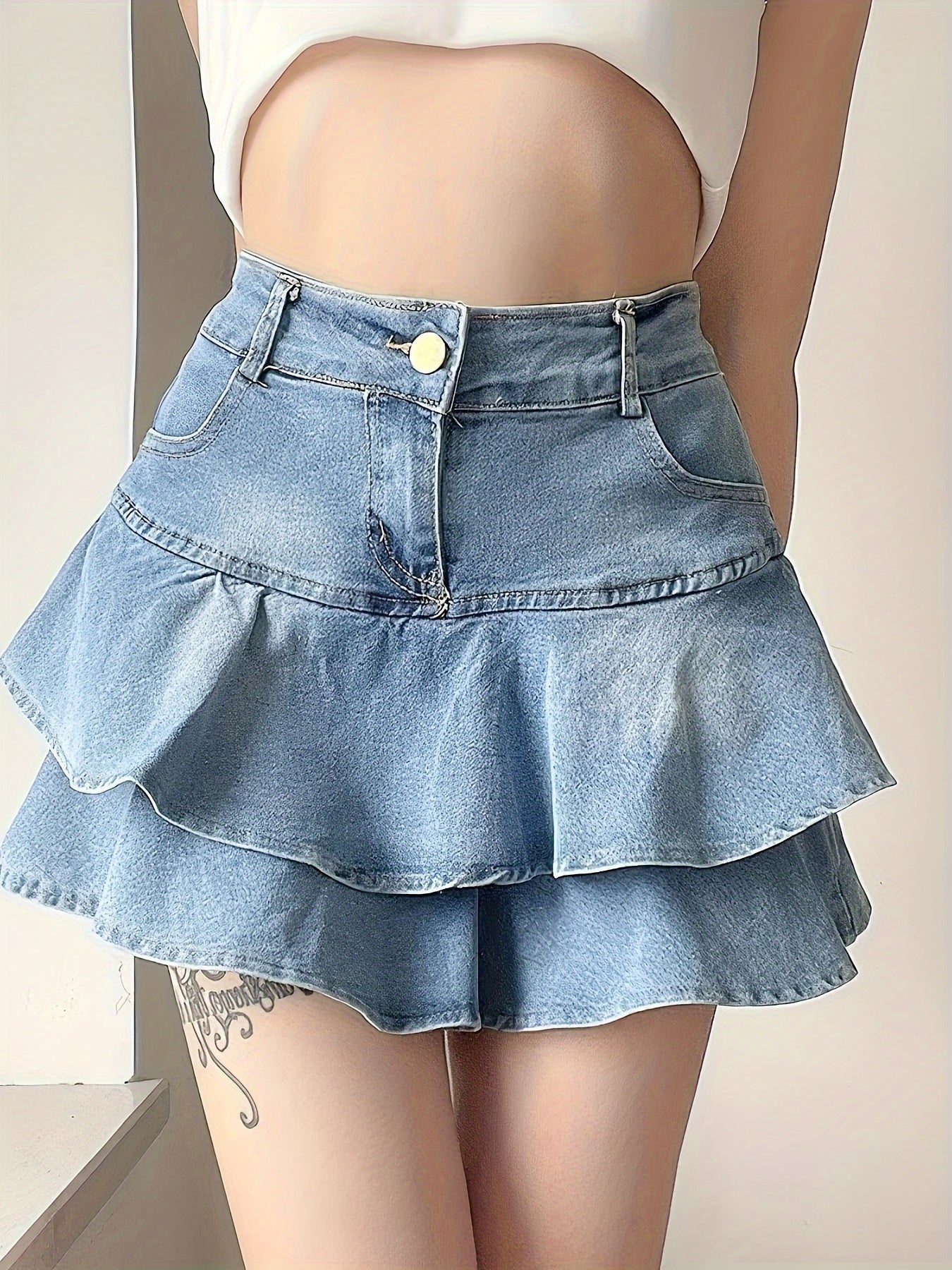 Women's Y2K Jean Mini Skirt High Waist Ruffle Casual Flared Skater Short Denim Skirt