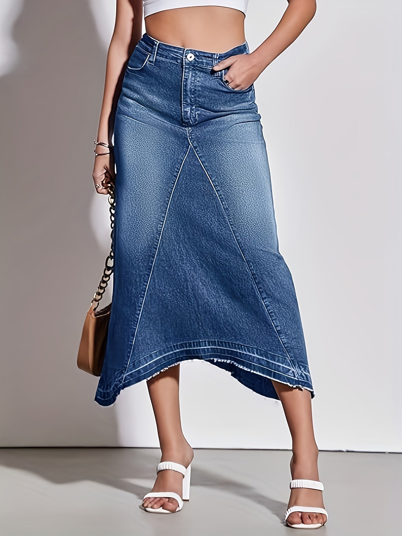 Women's High Waist A-Line Denim Maxi Skirt with Frayed Irregular Hem - Stylish Black Long Jean Skirt, Casual Blend, Machine Washable, Perfect for Spring\u002FSummer\u002FFall, Casual Wear Skirt | Simple Style Skirt | Classic Button Closure