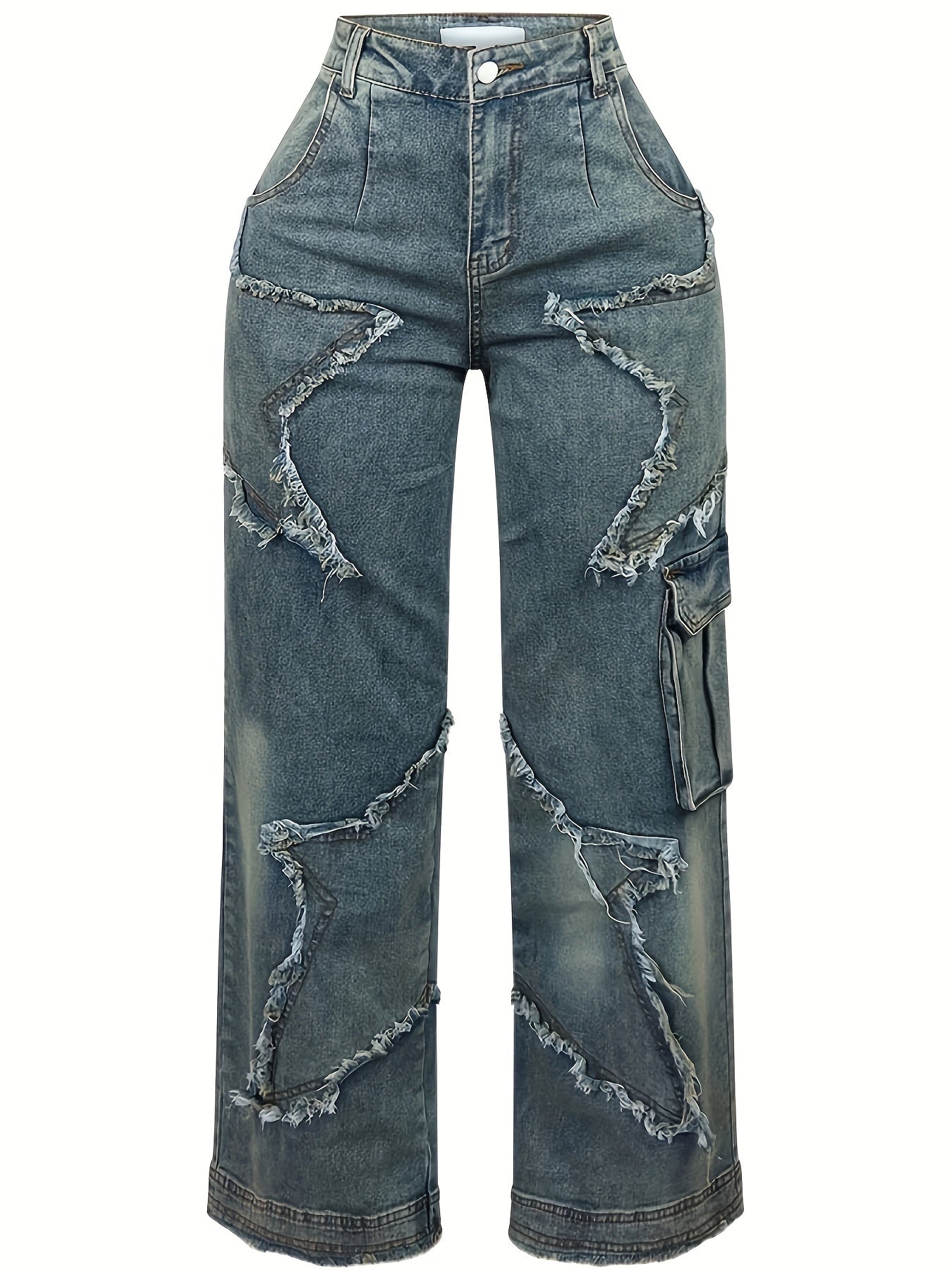Women's High Waist Loose Jeans, Stretch Washed Star Embroidery Raw Edge Straight Jeans