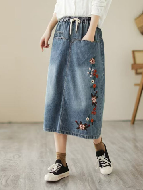 Bohemian Flower Embroidery Denim Midi Skirt - Draw Rope Elastic Waist, Embroidered Pockets, Non-Stretch, Machine Washable - Chic Straight Cut Skirt For Spring\u002F Summer