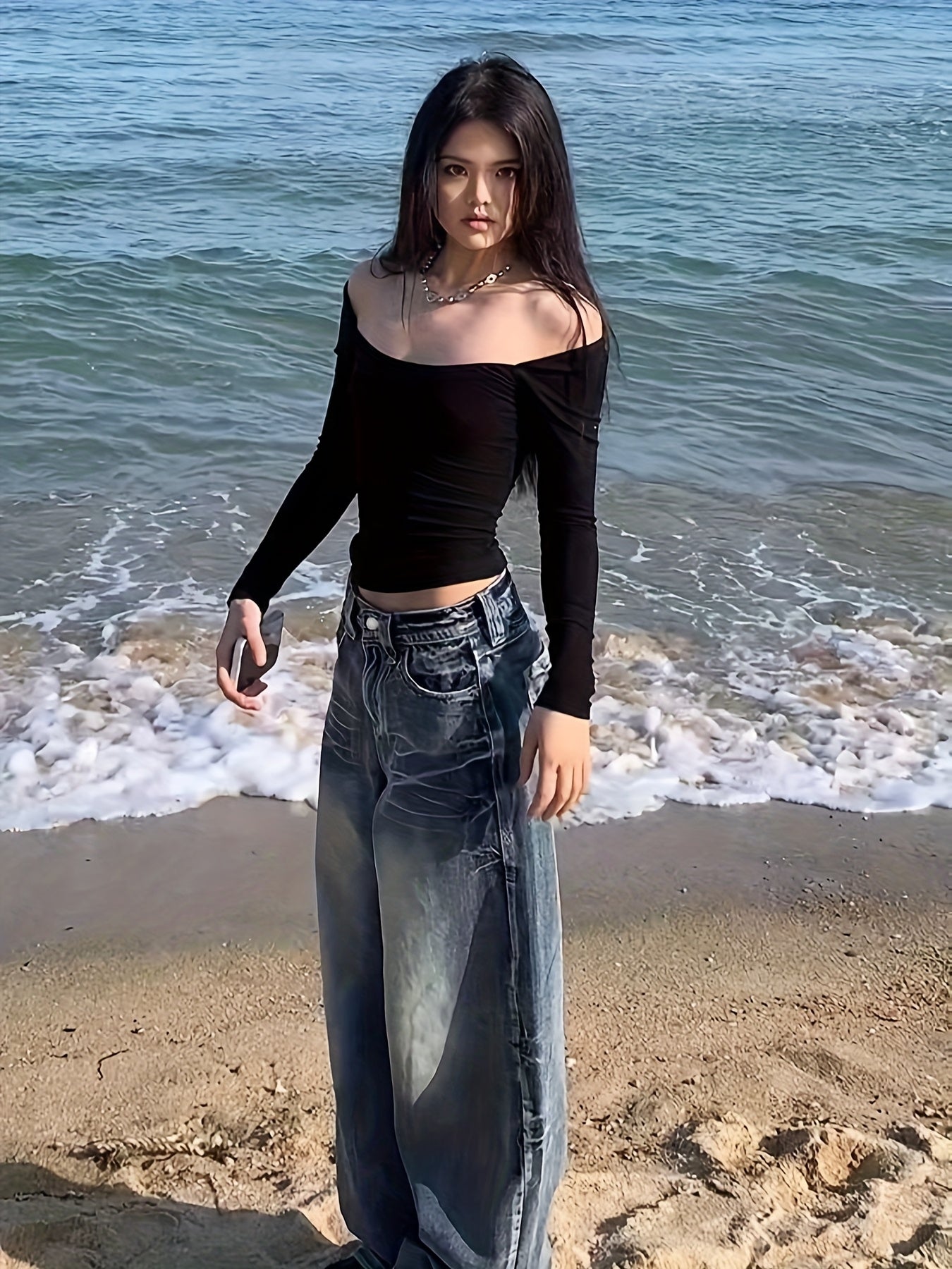 Vintage-Inspired High-Waist Wide-Leg Jeans For Women - Distressed, Loose Fit Denim With Pockets, Machine Washable