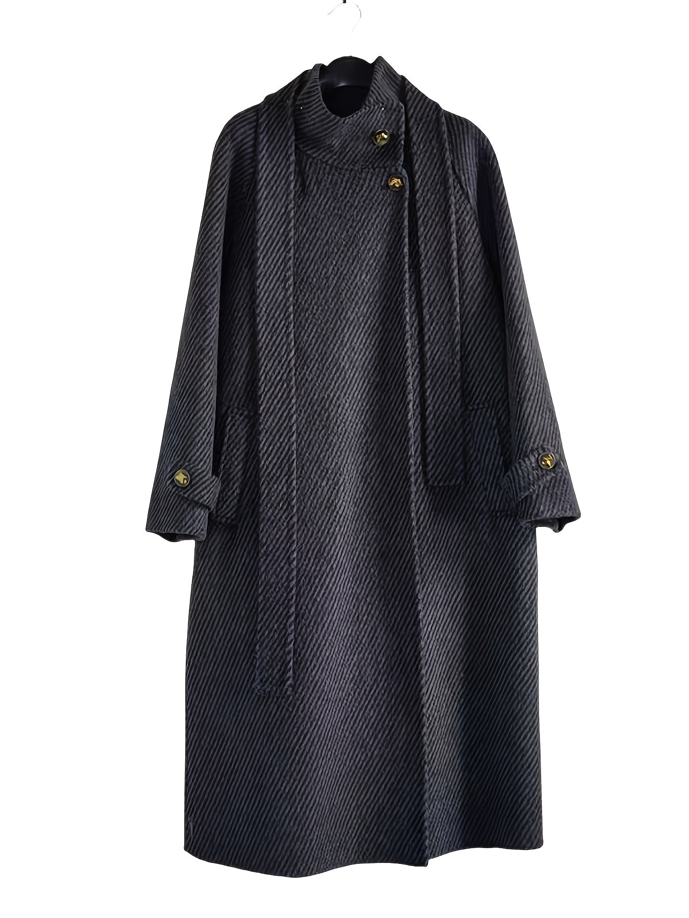 Autumn and Winter New Korean Style Stand Collar Loose Fit Long Over-the-Knee Wool Coat with Large Ribbed Pattern for Women