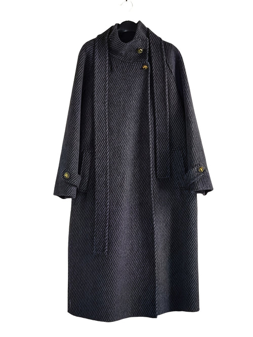 Autumn and Winter New Korean Style Stand Collar Loose Fit Long Over-the-Knee Wool Coat with Large Ribbed Pattern for Women