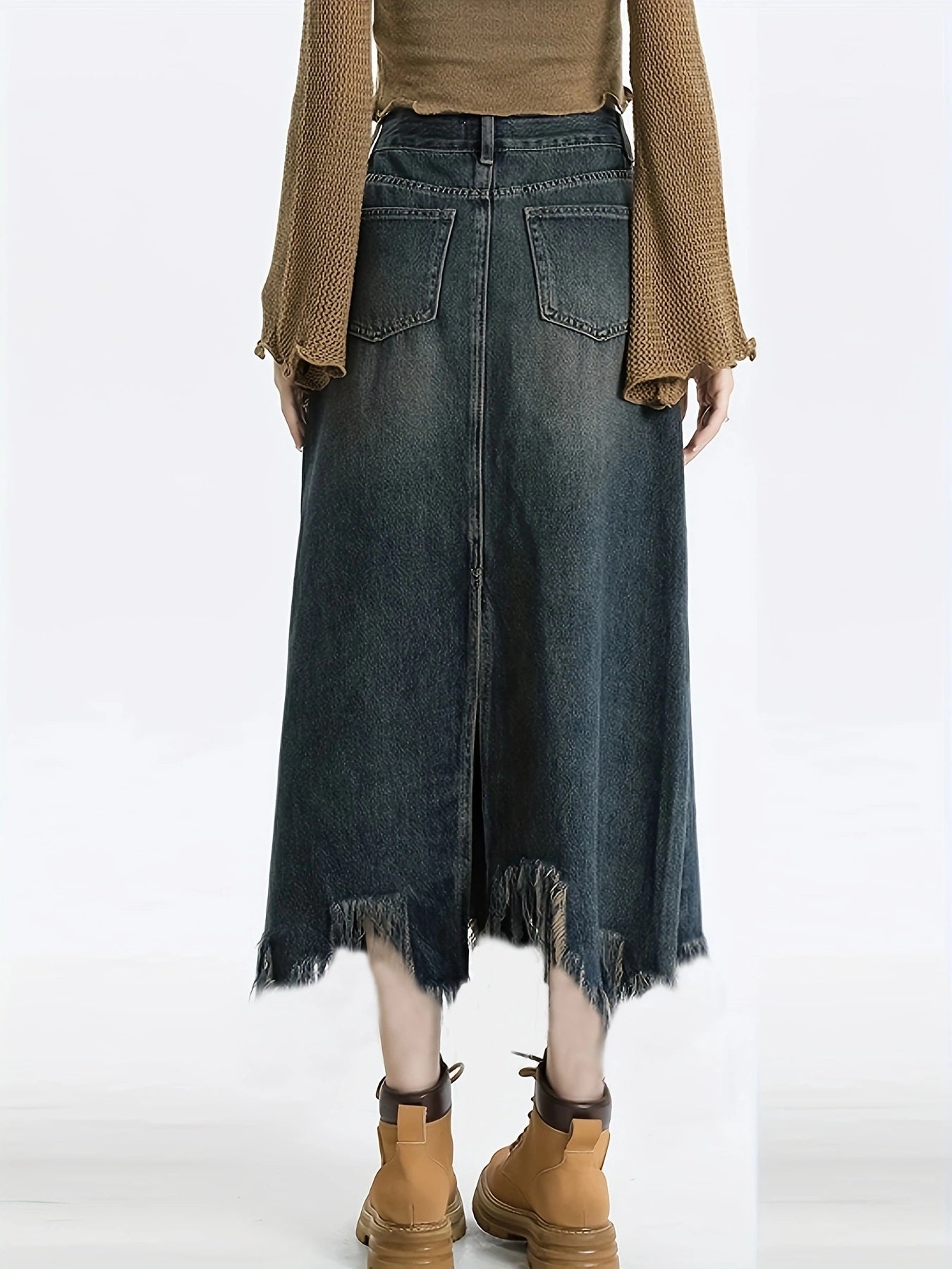 4001 Women'S Mid-Length Denim Skirt with Side Slit - Frayed Hem, Button Detail, Regular Fit, Non-Stretch Summer Skirt for Casual & Party Wear, Denim Skirt, Party Attire, Button Detail Skirt, Nonstretch Fabric