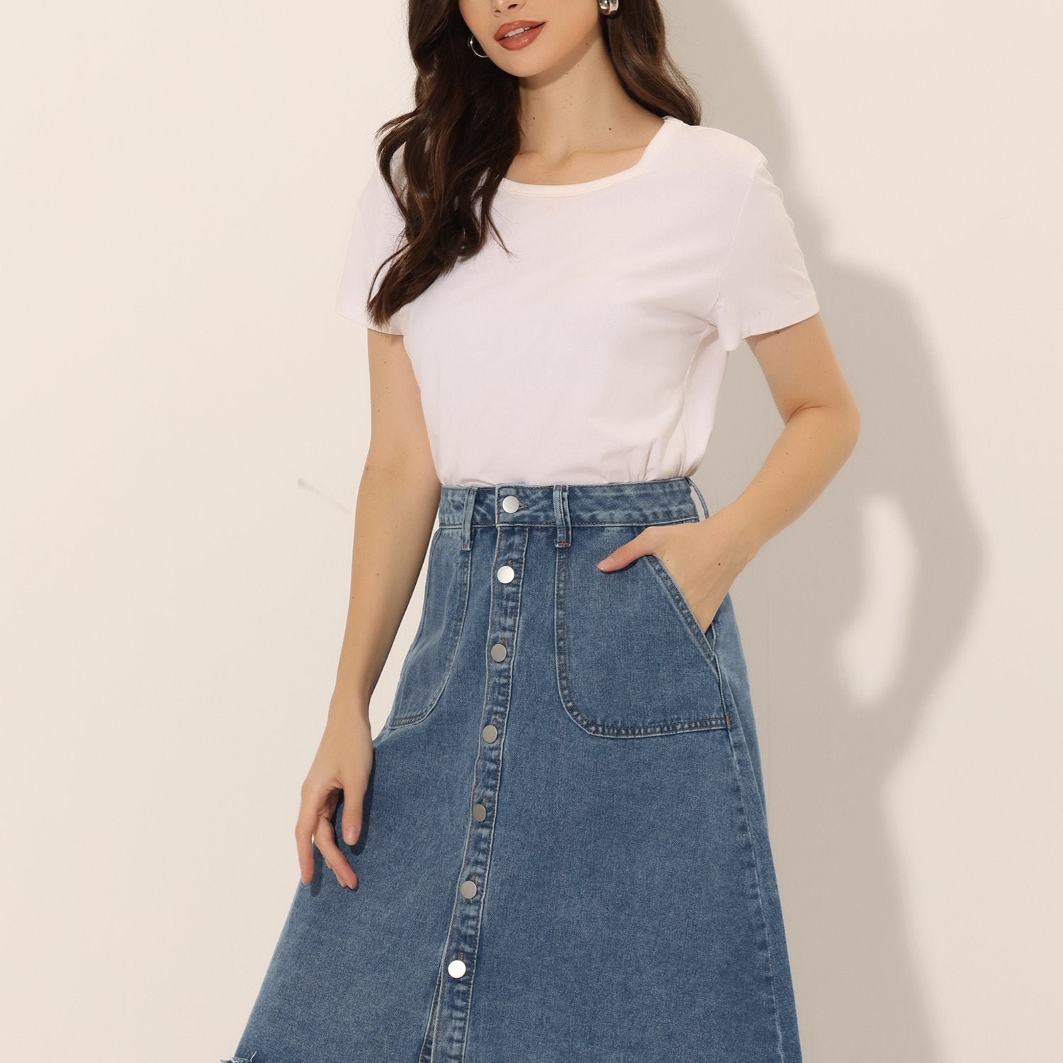Women'S Denim Skirts Raw Hem Button Midi Jeans Skirt