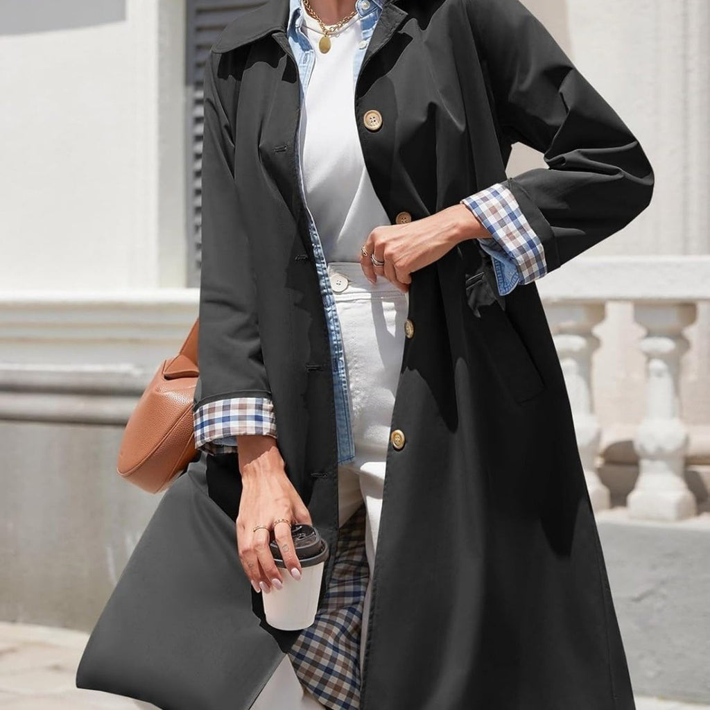 Women'S Oversized Long Trench Coat - Windproof Casual Outerwear with Single-Breasted Button Details, Beige, Long Length, Polyester, Perfect for Spring & Fall