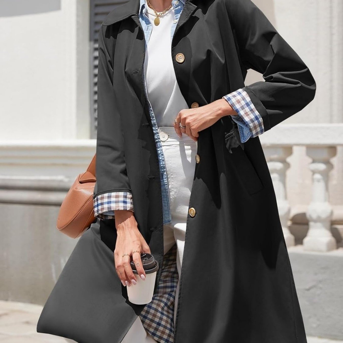 Women'S Oversized Long Trench Coat - Windproof Casual Outerwear with Single-Breasted Button Details, Beige, Long Length, Polyester, Perfect for Spring & Fall