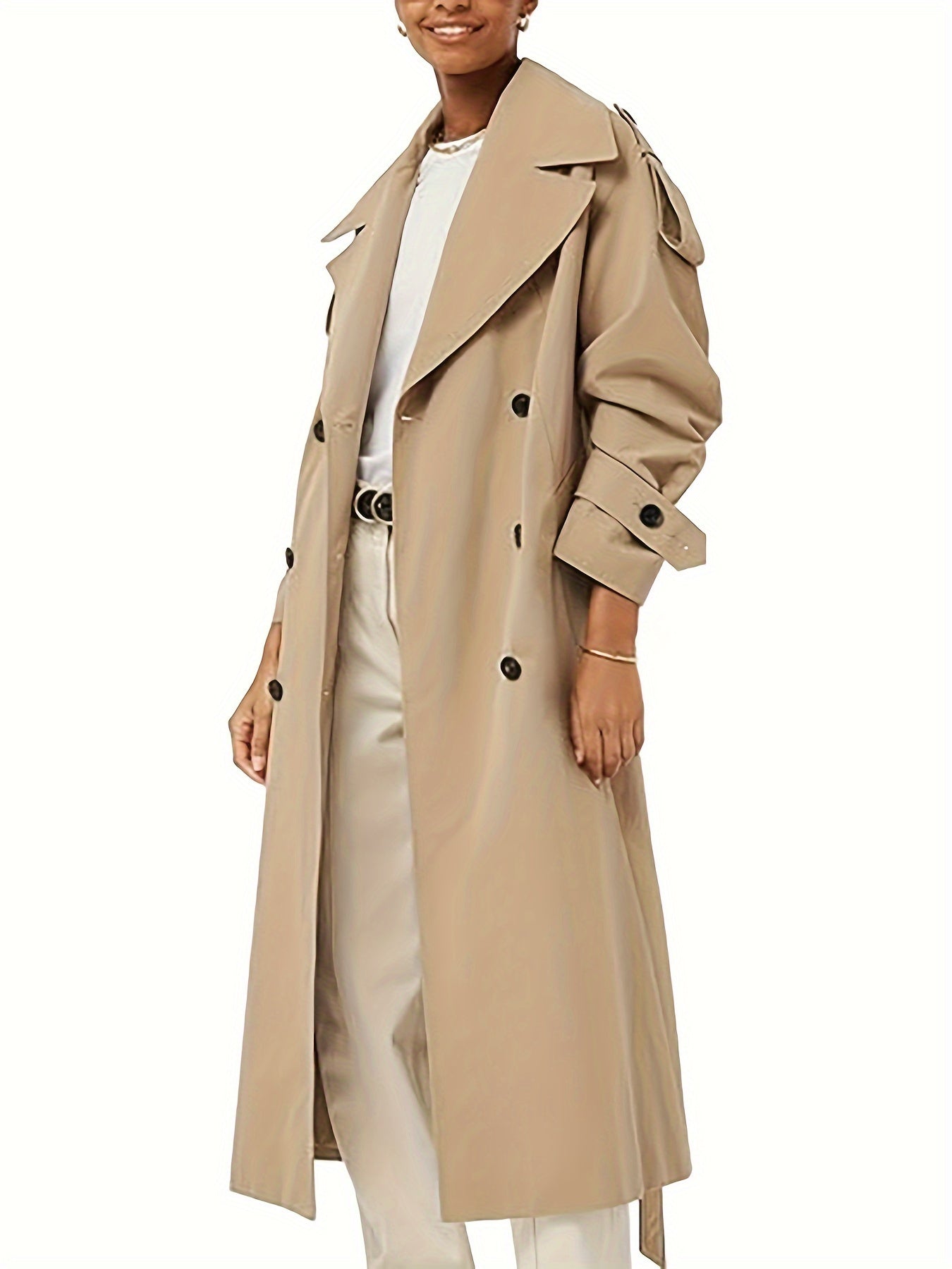 Women's Oversized Beige Trench Coat - Double Breasted, Windproof, Casual Style with Belt, Machine Washable, Polyester, Versatile Fashion | Doublebreasted Coat | Durable Polyester
