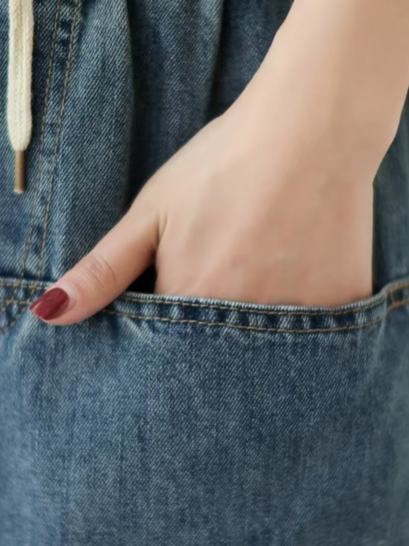 Bohemian Flower Embroidery Denim Midi Skirt - Draw Rope Elastic Waist, Embroidered Pockets, Non-Stretch, Machine Washable - Chic Straight Cut Skirt For Spring\u002F Summer