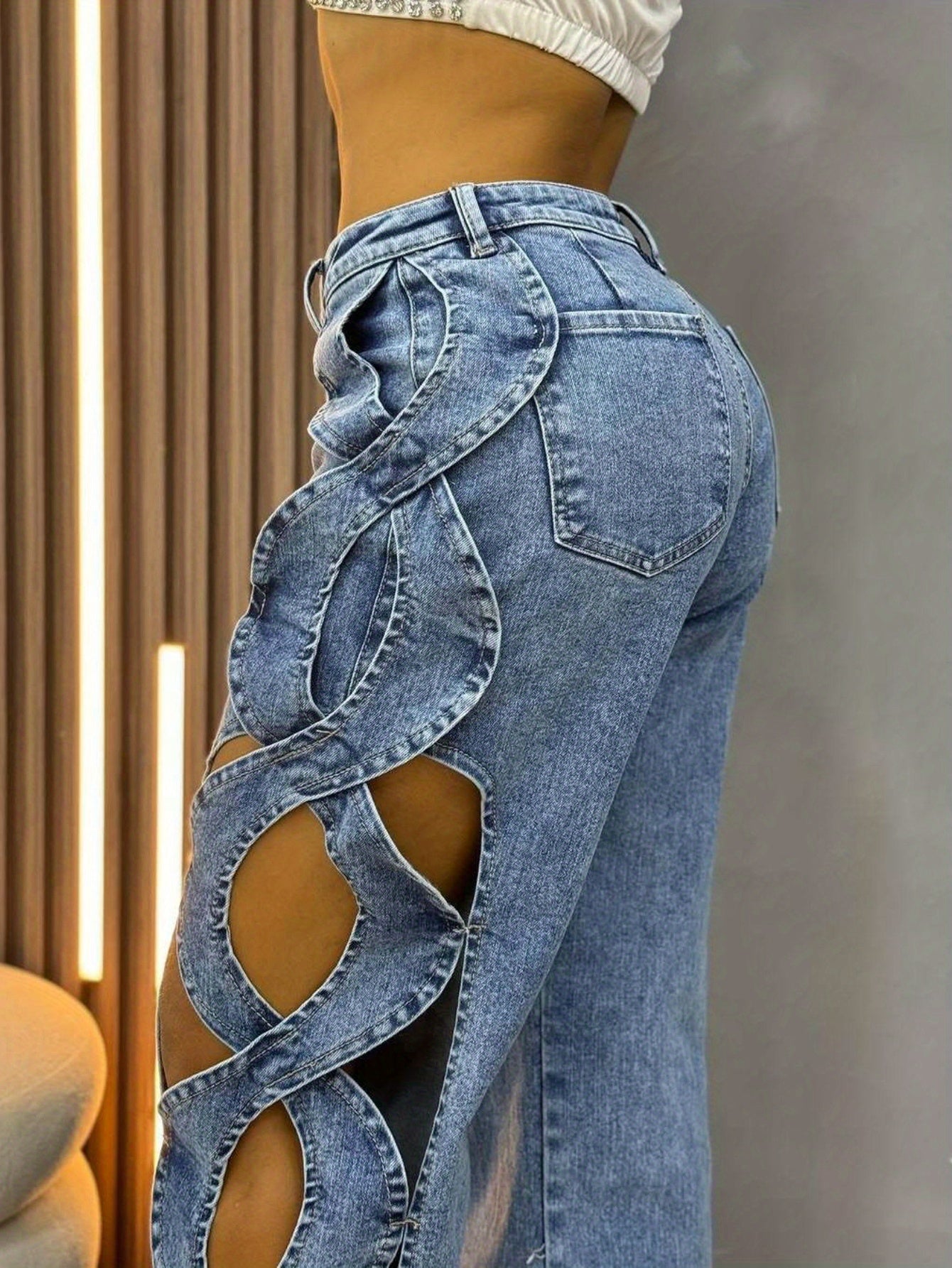 Women'S Y2K Style High-Waisted Straight Leg Jeans with Cross Cut-Out Detail - Casual Loose Fit, Light Blue Denim, Perfect for Spring\u002FSummer\u002FFall, Casual Wear Jeans|Y2K Fashion|Loose Fit Jeans