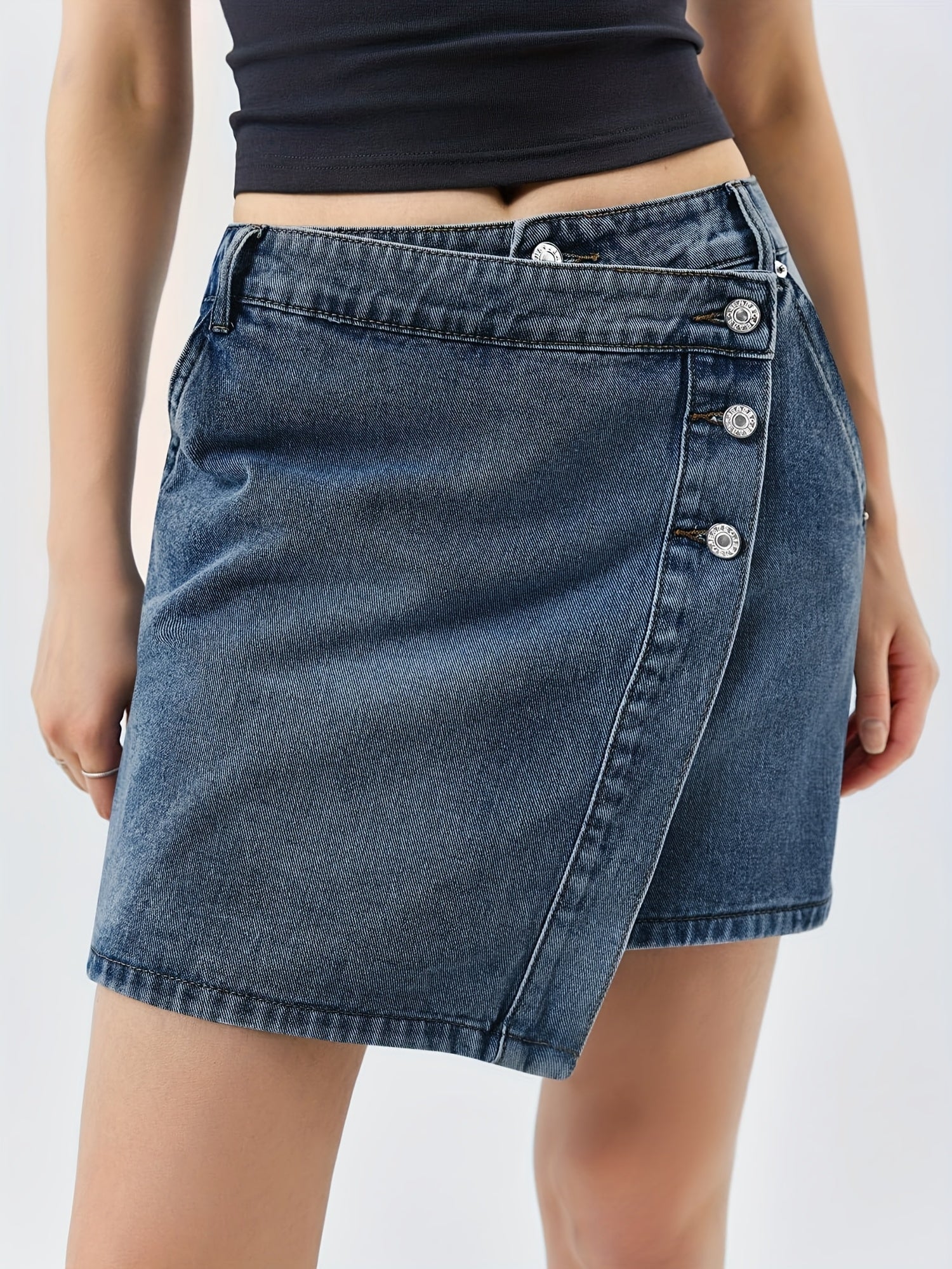 Women'S Casual Denim Jean Skirt, Wrap Button Asymmetrical Hem Mini Skirt, Summer Fashion Skirt