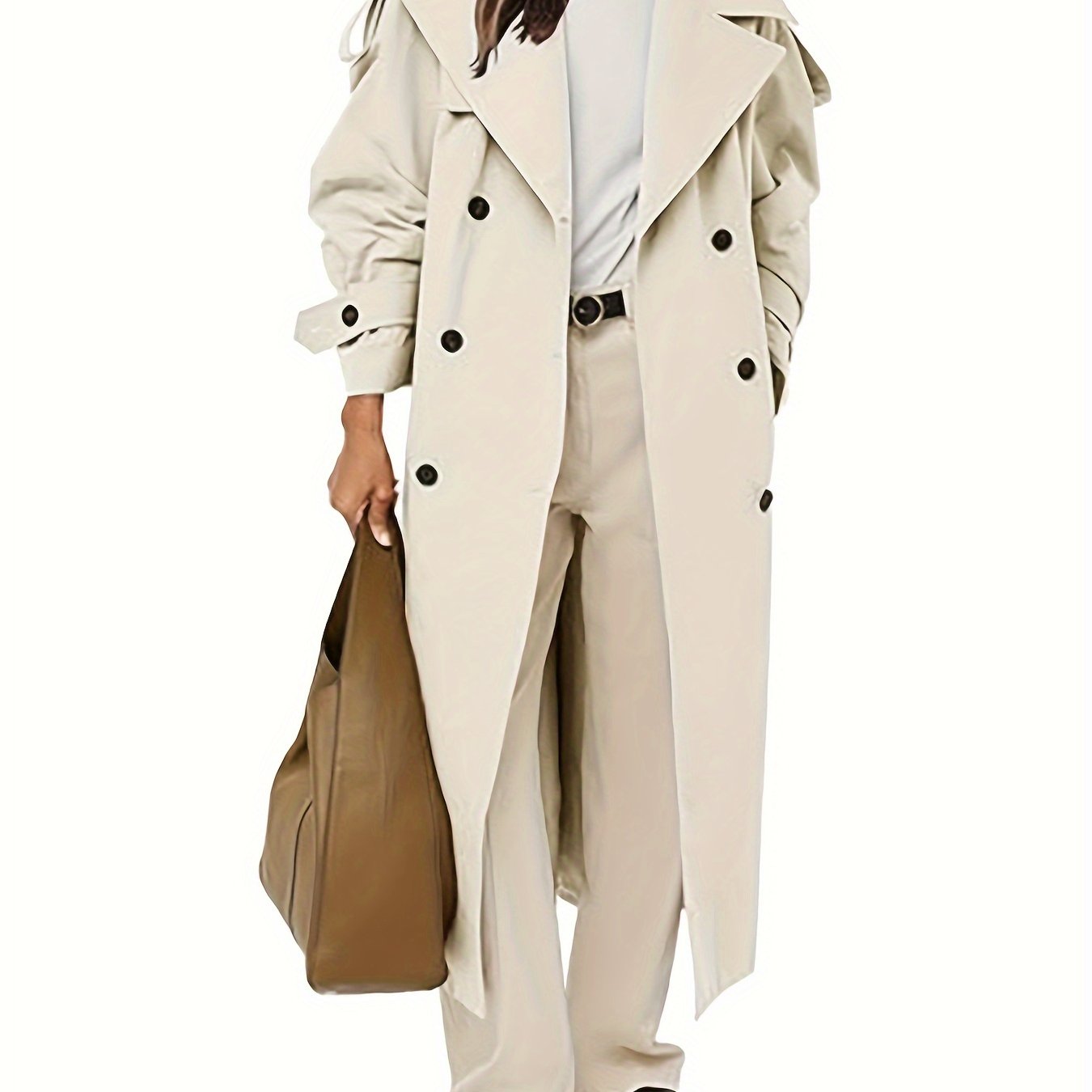 Women's Oversized Beige Trench Coat - Double Breasted, Windproof, Casual Style with Belt, Machine Washable, Polyester, Versatile Fashion | Doublebreasted Coat | Durable Polyester