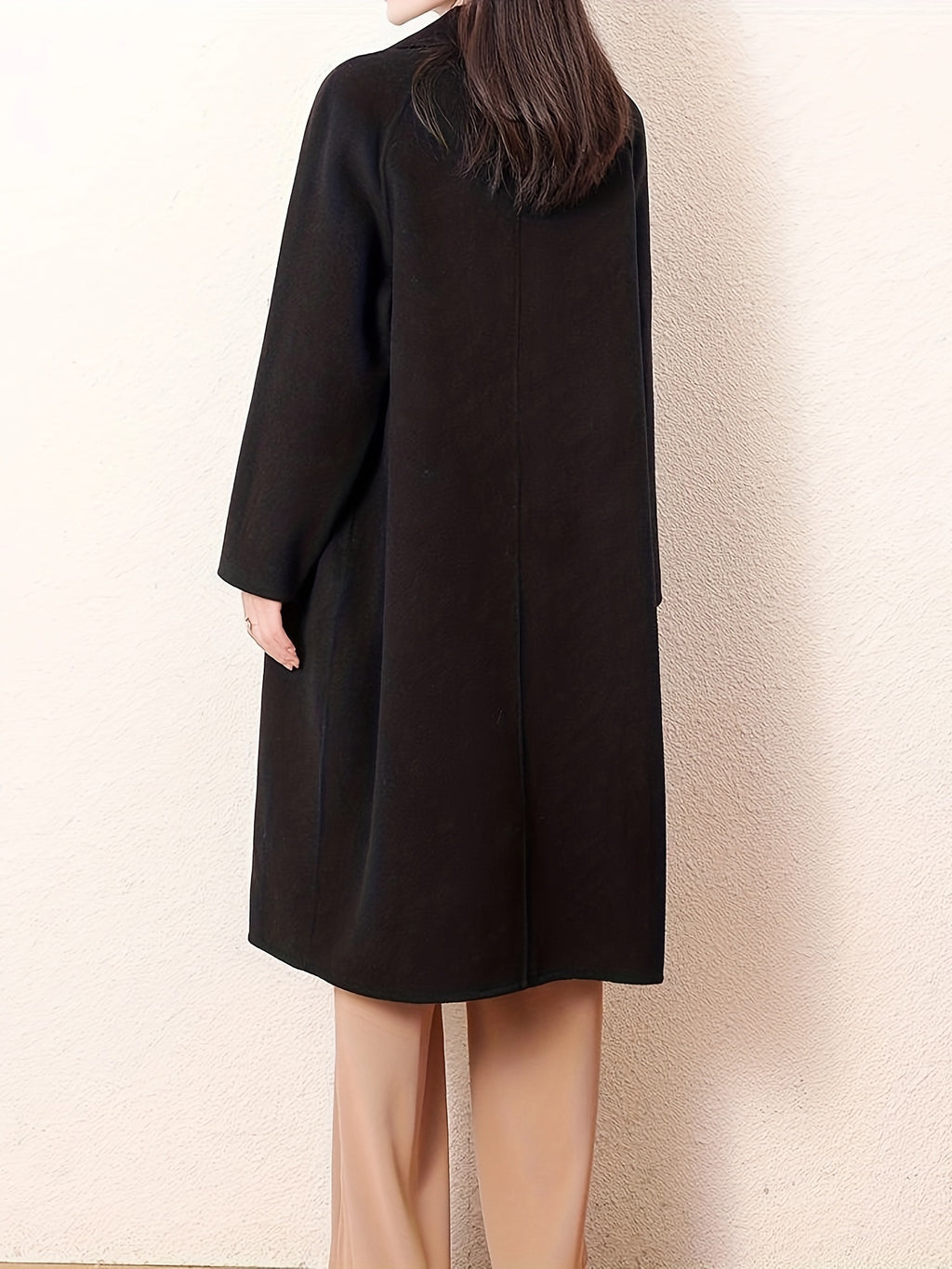 Women's Tweed Coat - Dual-Sided Mid-Length Wool-Textured Jacket with Notch Lapel Collar & Belted Waist, Solid Black Casual Chic Outerwear for Fall Winter, Semiformal Attire, Structured Design