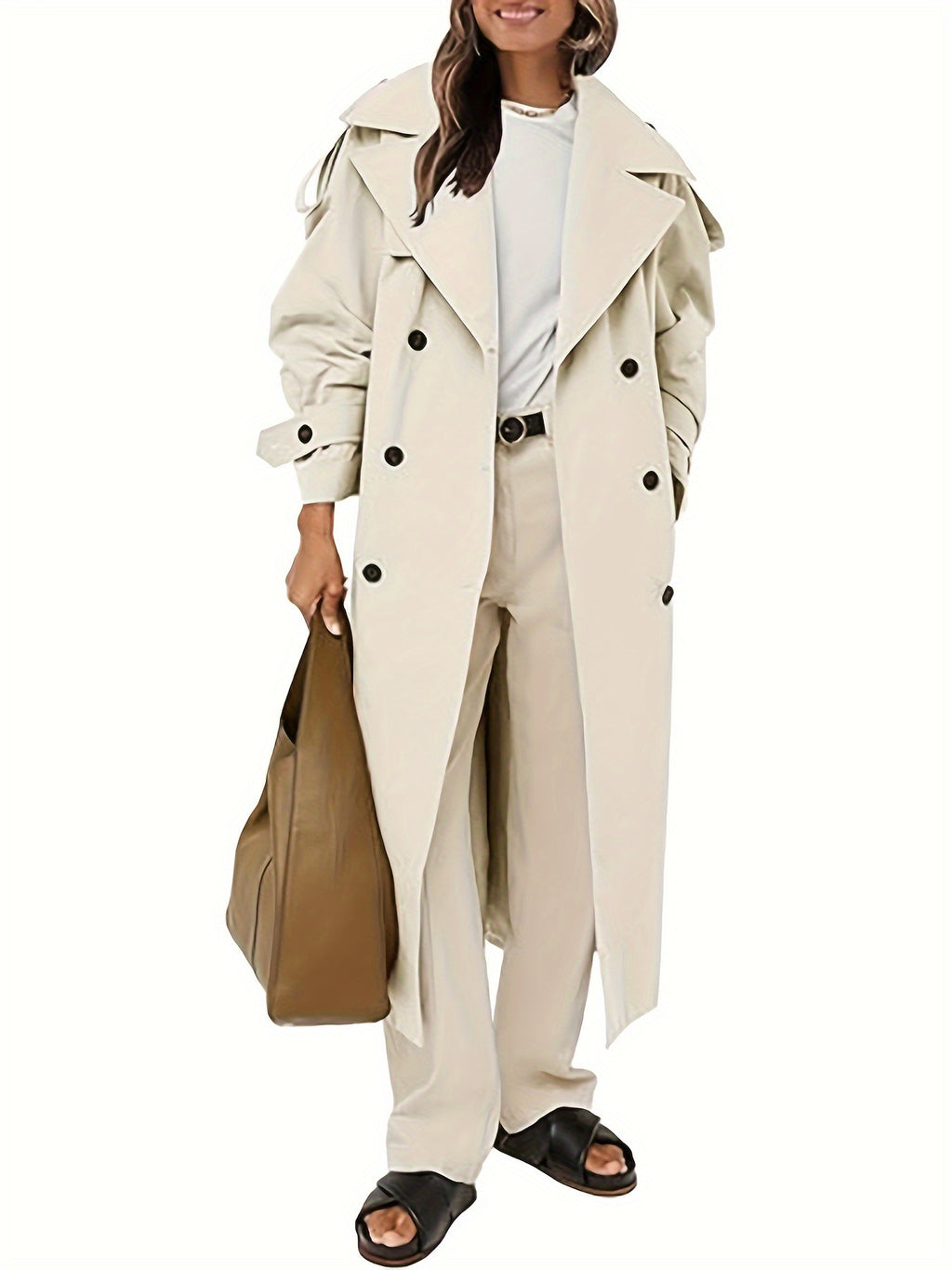 Women's Oversized Beige Trench Coat - Double Breasted, Windproof, Casual Style with Belt, Machine Washable, Polyester, Versatile Fashion | Doublebreasted Coat | Durable Polyester